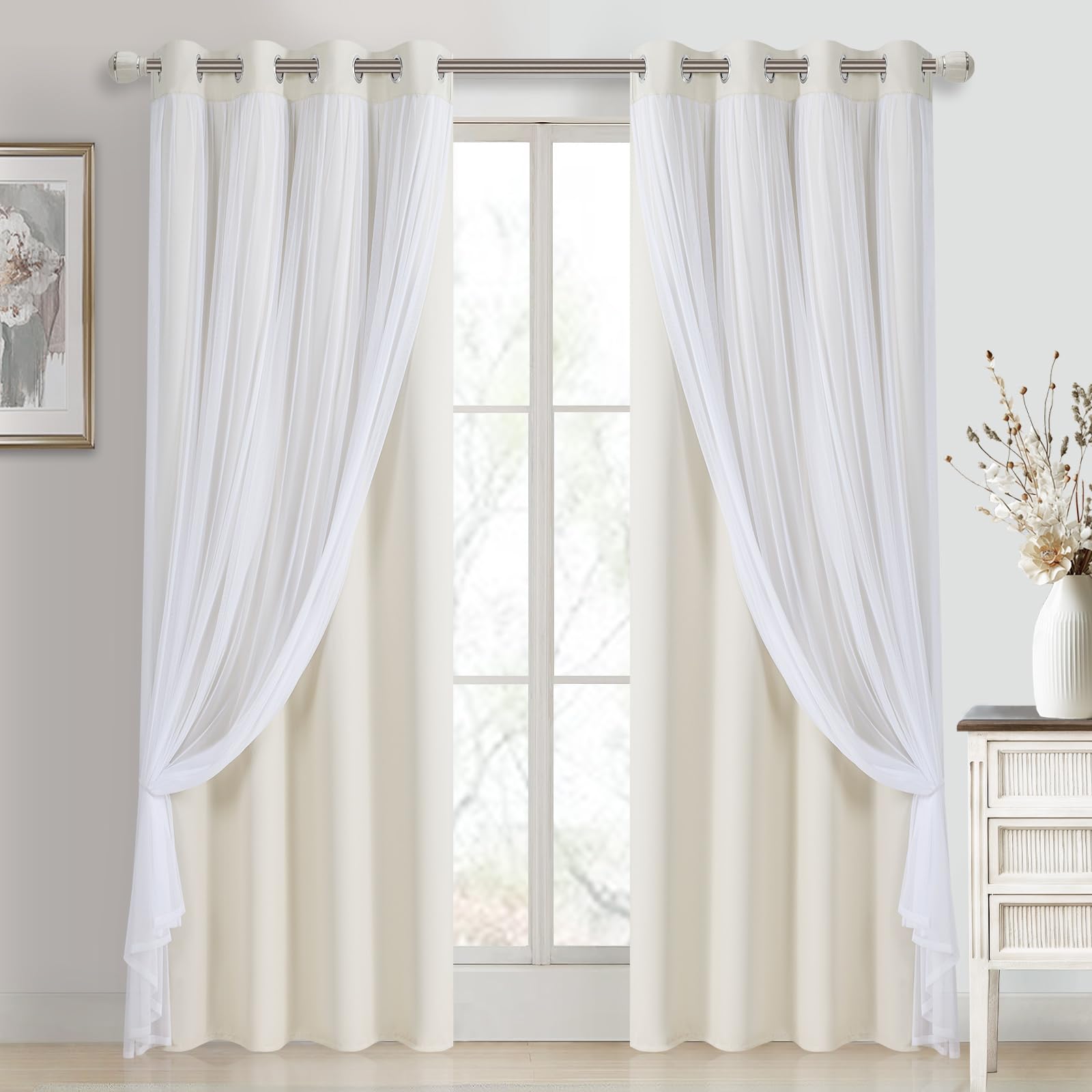 DWCN White Blackout Curtains with Sheer Overlay Thermal Insulated Mix & Match Double Layer Window Panels for Bedroom Living Room Drape Sewn with Tiebacks Grommet Top 52" Wx84 Lx2