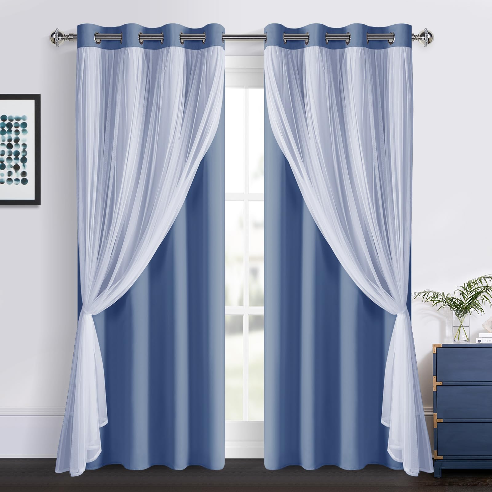 DWCN White Blackout Curtains with Sheer Overlay Thermal Insulated Mix & Match Double Layer Window Panels for Bedroom Living Room Drape Sewn with Tiebacks Grommet Top 52" Wx84 Lx2
