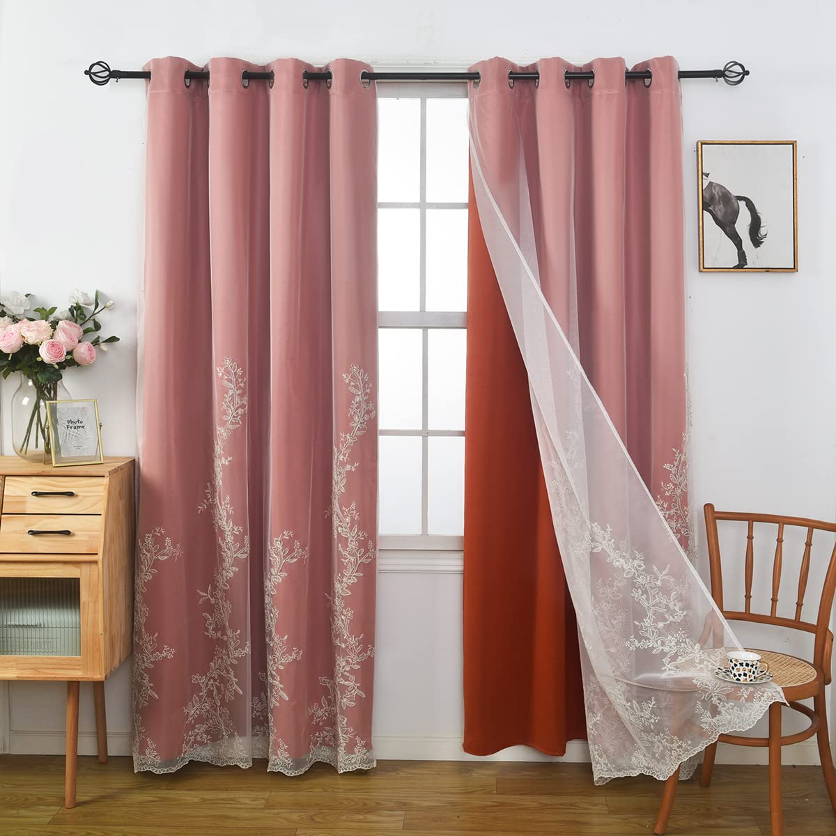 GYROHOME Double Layered Curtains with Embroidered White Sheer Tulle, Mix and Match Curtains Room Darkening Grommet Top Thermal Insulated Drapes,2Panels,52x84inch,Beige
