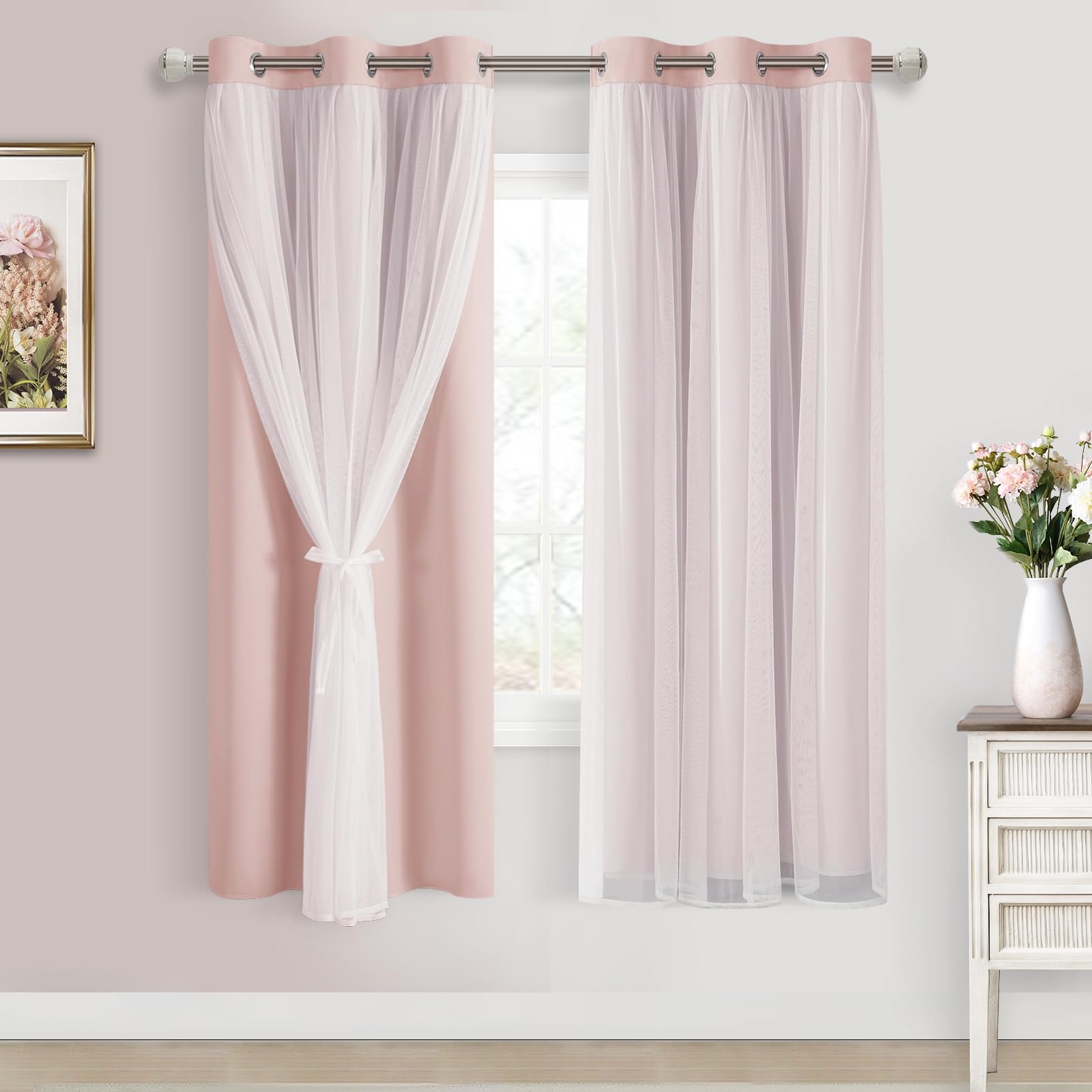 DWCN White Blackout Curtains with Sheer Overlay Thermal Insulated Mix & Match Double Layer Window Panels for Bedroom Living Room Drape Sewn with Tiebacks Grommet Top 52" Wx84 Lx2