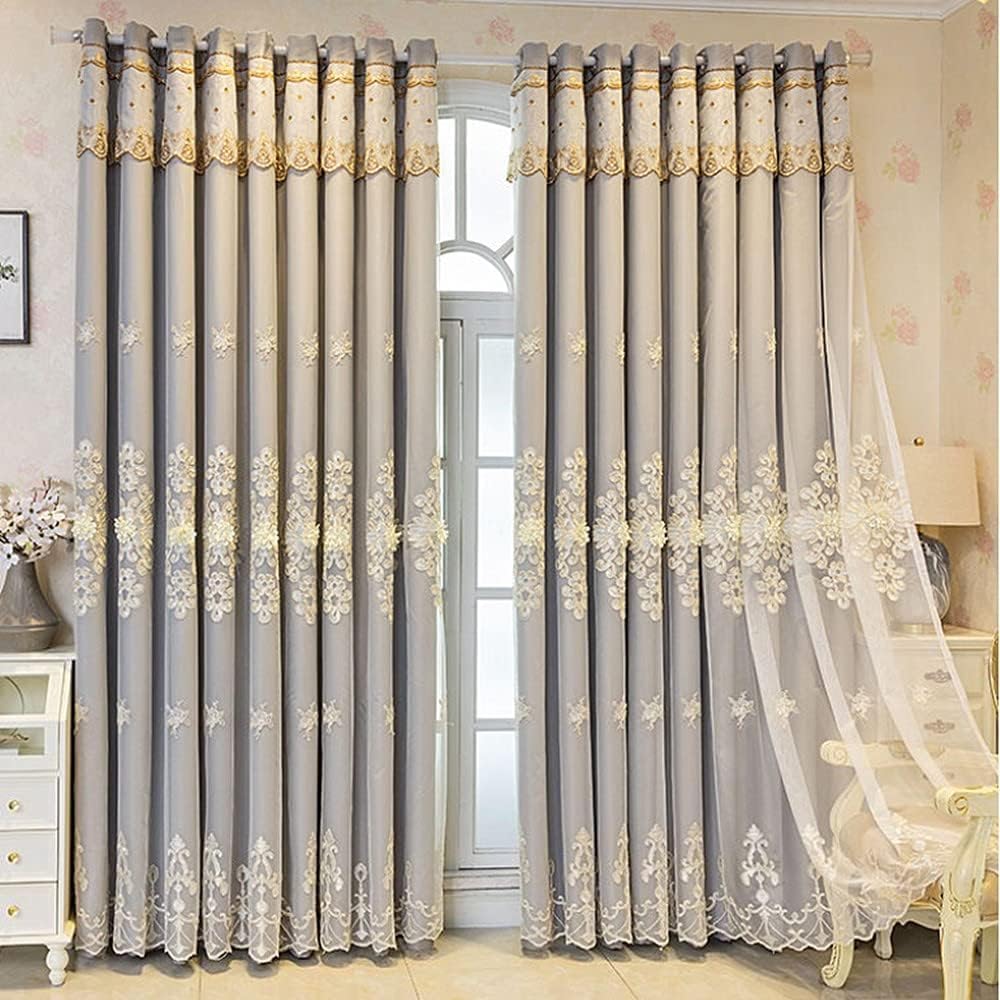 Amidoudou 2 Panels Luxury Embroidered European Double Layer Curtains, 52x90 Inch Grey Drapes for Living Room & Bedroom