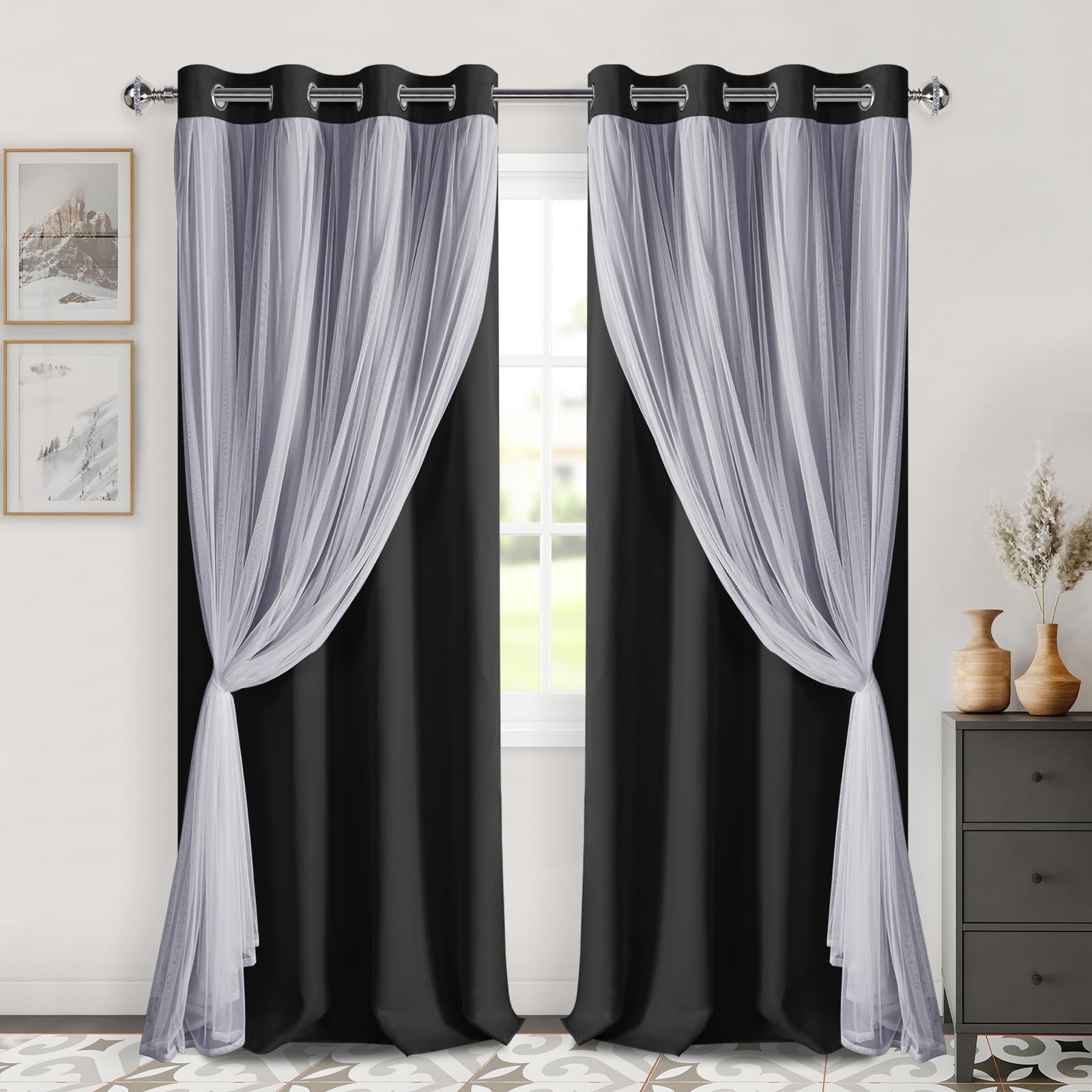 DWCN White Blackout Curtains with Sheer Overlay Thermal Insulated Mix & Match Double Layer Window Panels for Bedroom Living Room Drape Sewn with Tiebacks Grommet Top 52" Wx84 Lx2