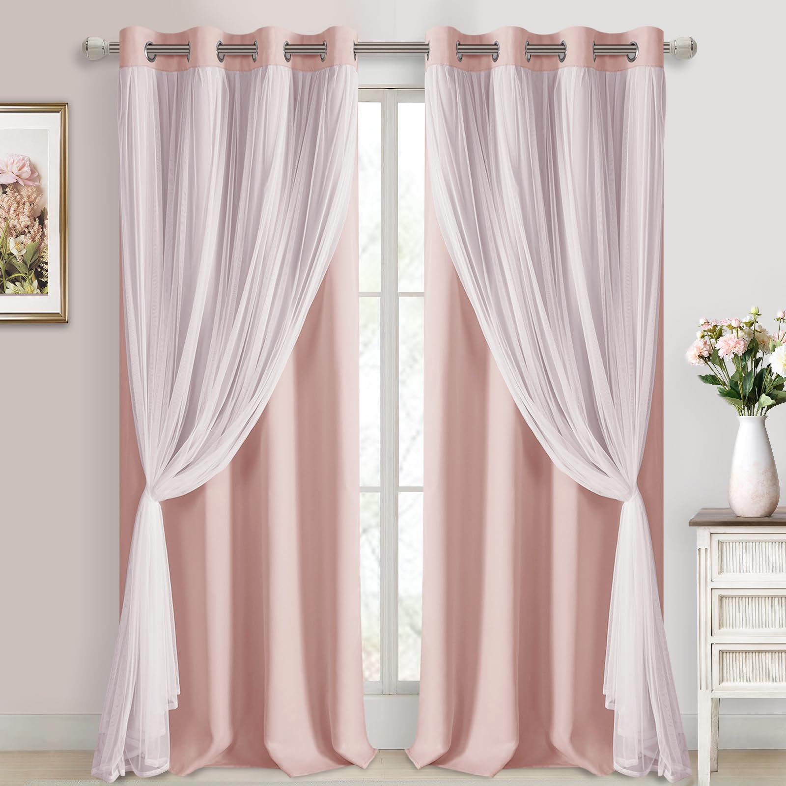 DWCN White Blackout Curtains with Sheer Overlay Thermal Insulated Mix & Match Double Layer Window Panels for Bedroom Living Room Drape Sewn with Tiebacks Grommet Top 52" Wx84 Lx2