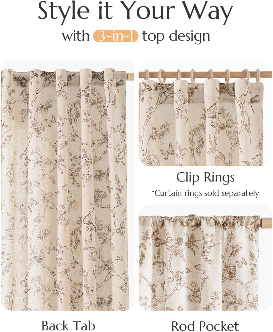 jinchan Floral Linen Curtains for Living Room - 63 Inch Length Butterfly Taupe Floral Curtains - French Country Farmhouse Flower Patterned Drapes - Back Tab Rod Pocket Set - 2 Panels