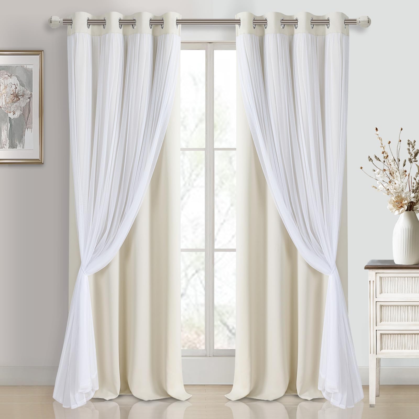 DWCN White Blackout Curtains with Sheer Overlay Thermal Insulated Mix & Match Double Layer Window Panels for Bedroom Living Room Drape Sewn with Tiebacks Grommet Top 52" Wx84 Lx2