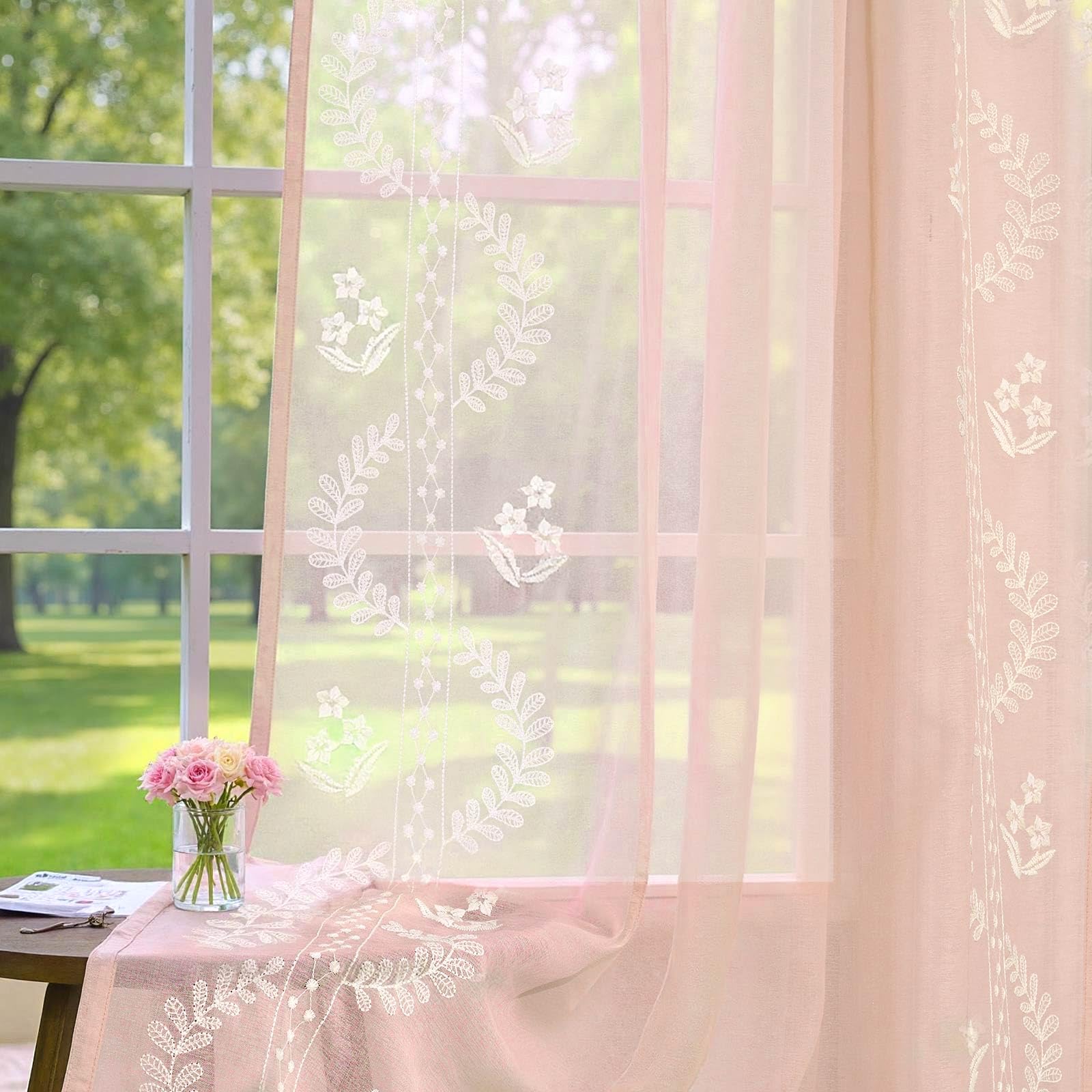 jinchan Belrose Linen Curtains for Bedroom Floral Curtains 84 Inch Length Linen Blend Ivory Embroidered Drapes Farmhouse Flower Patterned Drapes for Living Room Window Treatments Set 2 Panels