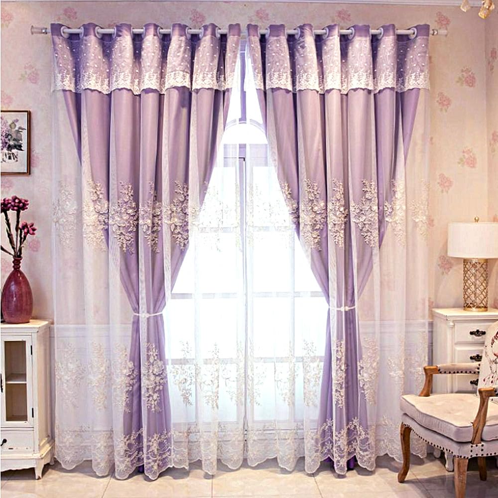 Amidoudou 1 Pair European Double Layer Curtains Luxury Flower Embroidered Curtains for Living Room Bedroom (Beige,52x96 Inch)