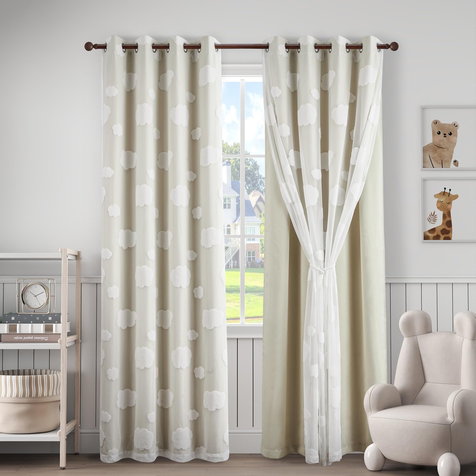 Beige Light Blocking Curtains with Sheer Overlay for Living Room Mix and Match Double Layer Window Panels 95 Inch for Bedroom Grommet Top, W52 X L95