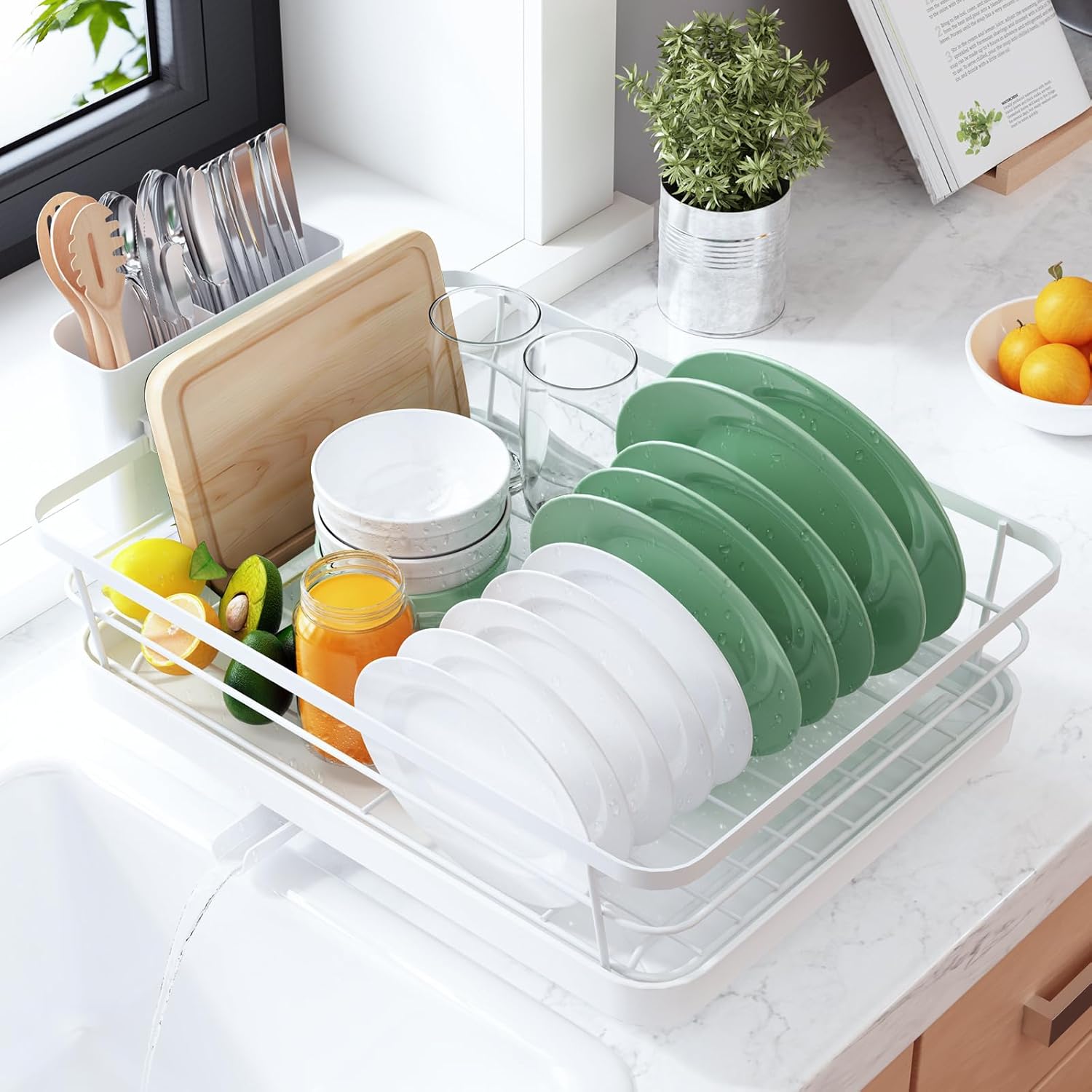 Kitsure Dish Drying Rack for Kitchen Counter, Stainless Steel Sink Organization and Storage Essentials with Cutlery Holder, Home and Appartment Decor, 12''W x 15.5''L, 2 Tiers, Black