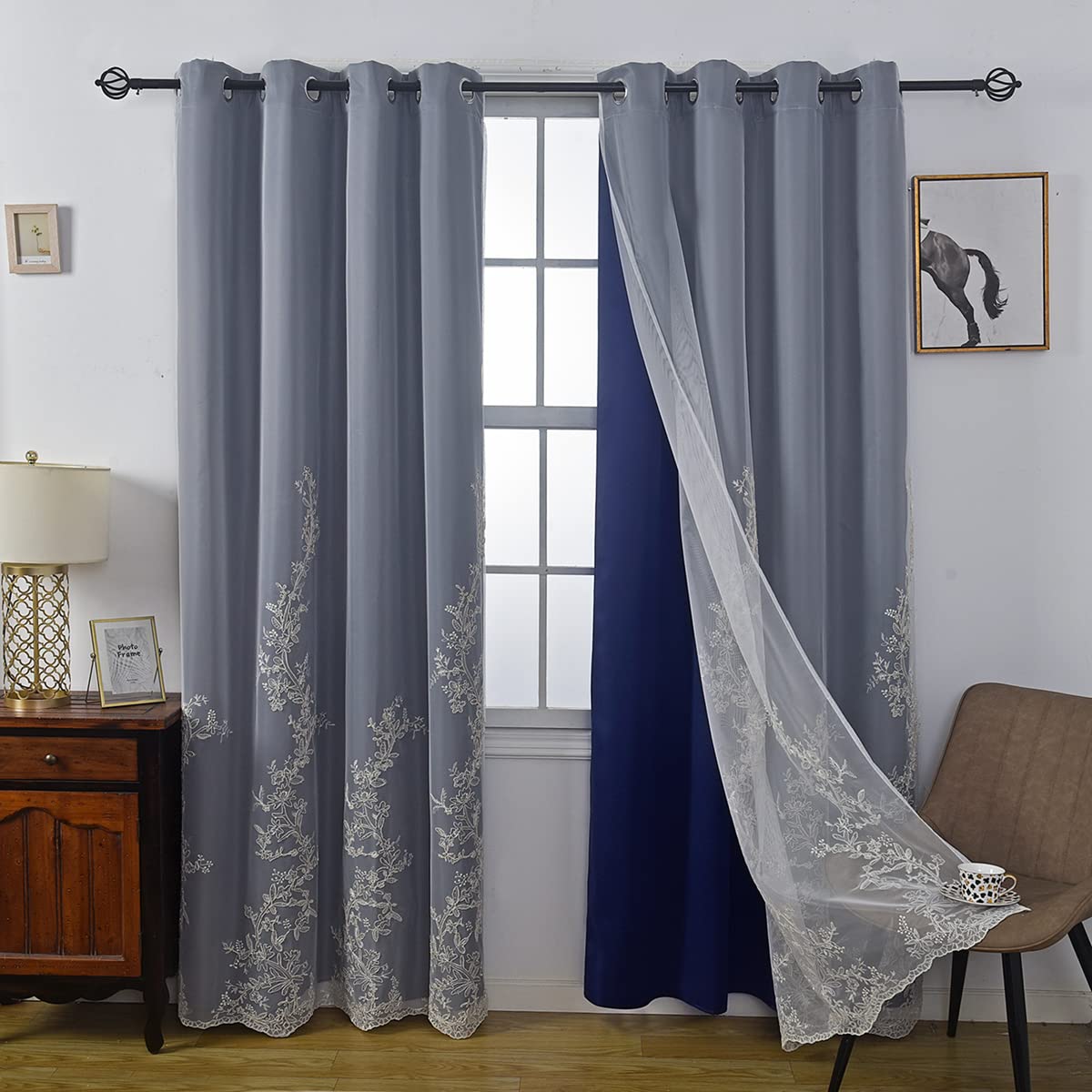 GYROHOME Double Layered Curtains with Embroidered White Sheer Tulle, Mix and Match Curtains Room Darkening Grommet Top Thermal Insulated Drapes,2Panels,52x84inch,Beige