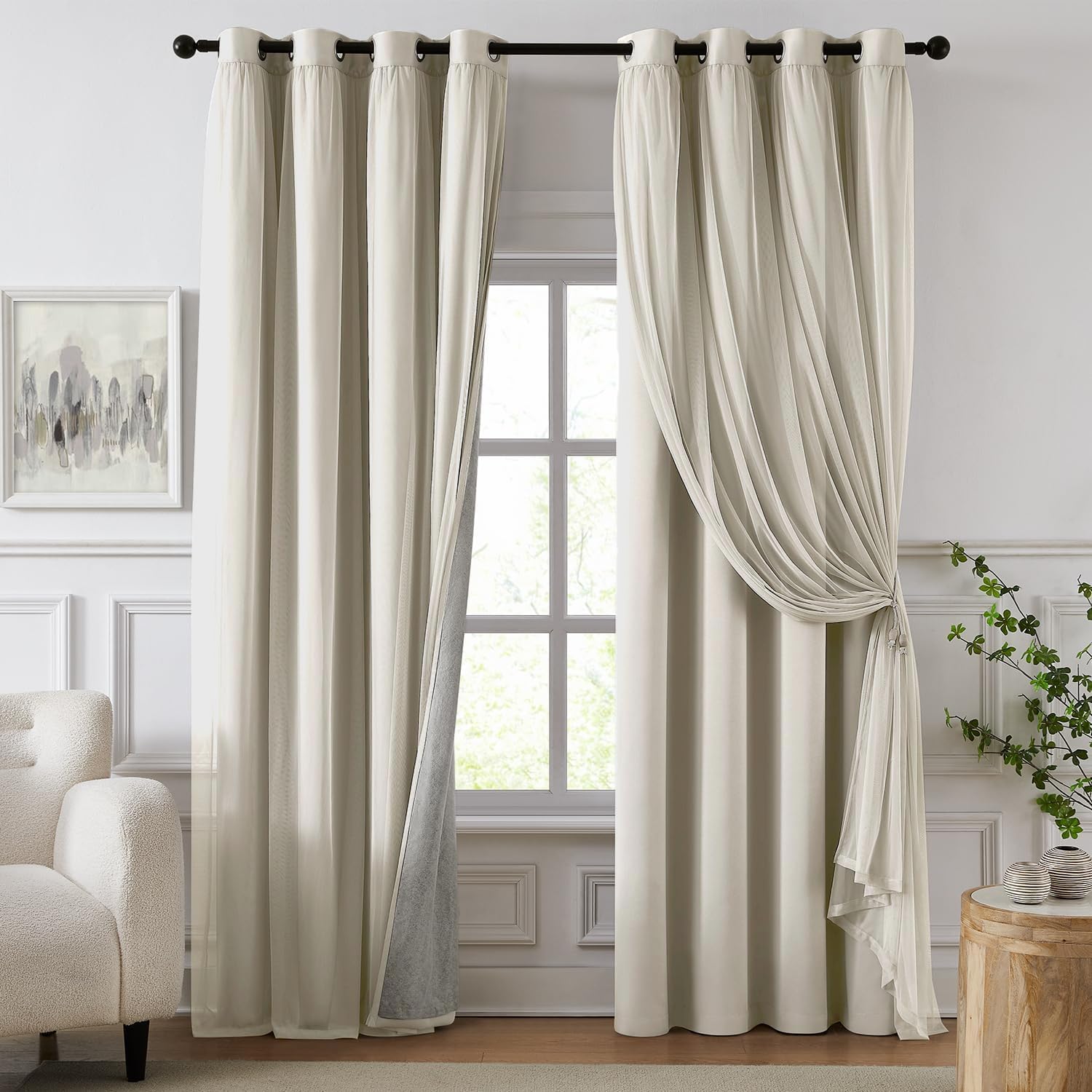 100% Blackout Curtains for Bedroom, Double Layer Ivory Curtains, Black Out Curtain 96 inch Long with Sheer Overlay for Living Room, Room Darkening Window Drapes with Grommet, 52" W x 96" L