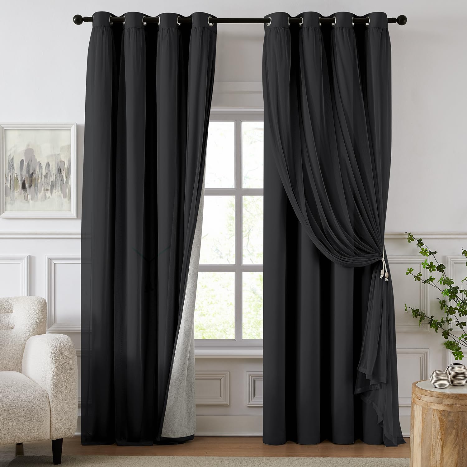 100% Blackout Curtains for Bedroom, Double Layer Ivory Curtains, Black Out Curtain 96 inch Long with Sheer Overlay for Living Room, Room Darkening Window Drapes with Grommet, 52" W x 96" L