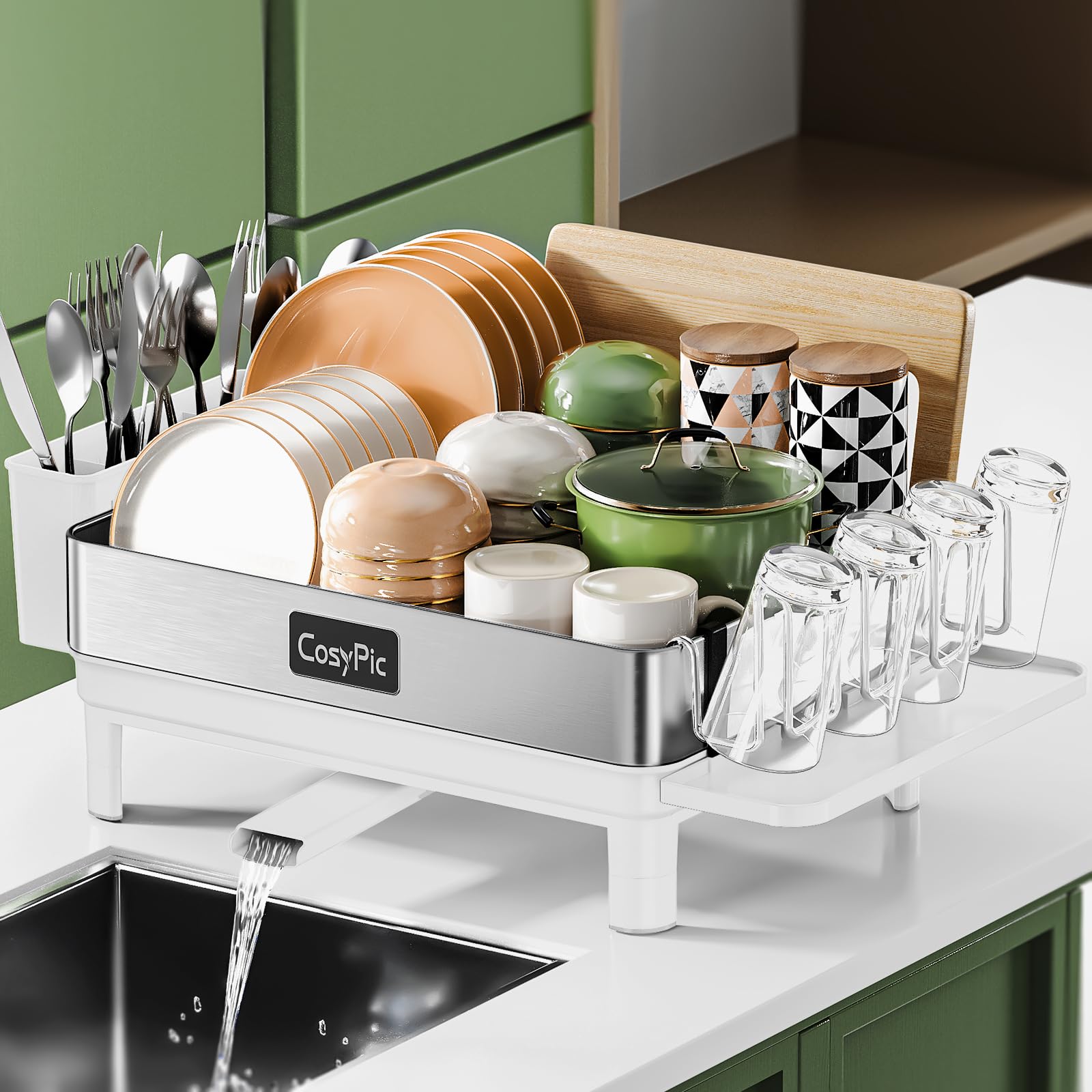 2 Tier Dish Drying Rack, Thicker Premium 304 Stainless Steel Dish Racks for Kitchen Counter, Automatic Drainage Spout, Dish Drainer & Drainboard Set with Utensil Holder and Cup Holder, Black