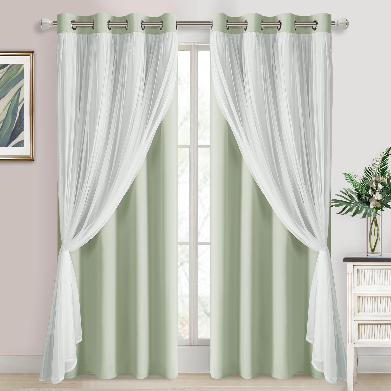 DWCN White Blackout Curtains with Sheer Overlay Thermal Insulated Mix & Match Double Layer Window Panels for Bedroom Living Room Drape Sewn with Tiebacks Grommet Top 52" Wx84 Lx2
