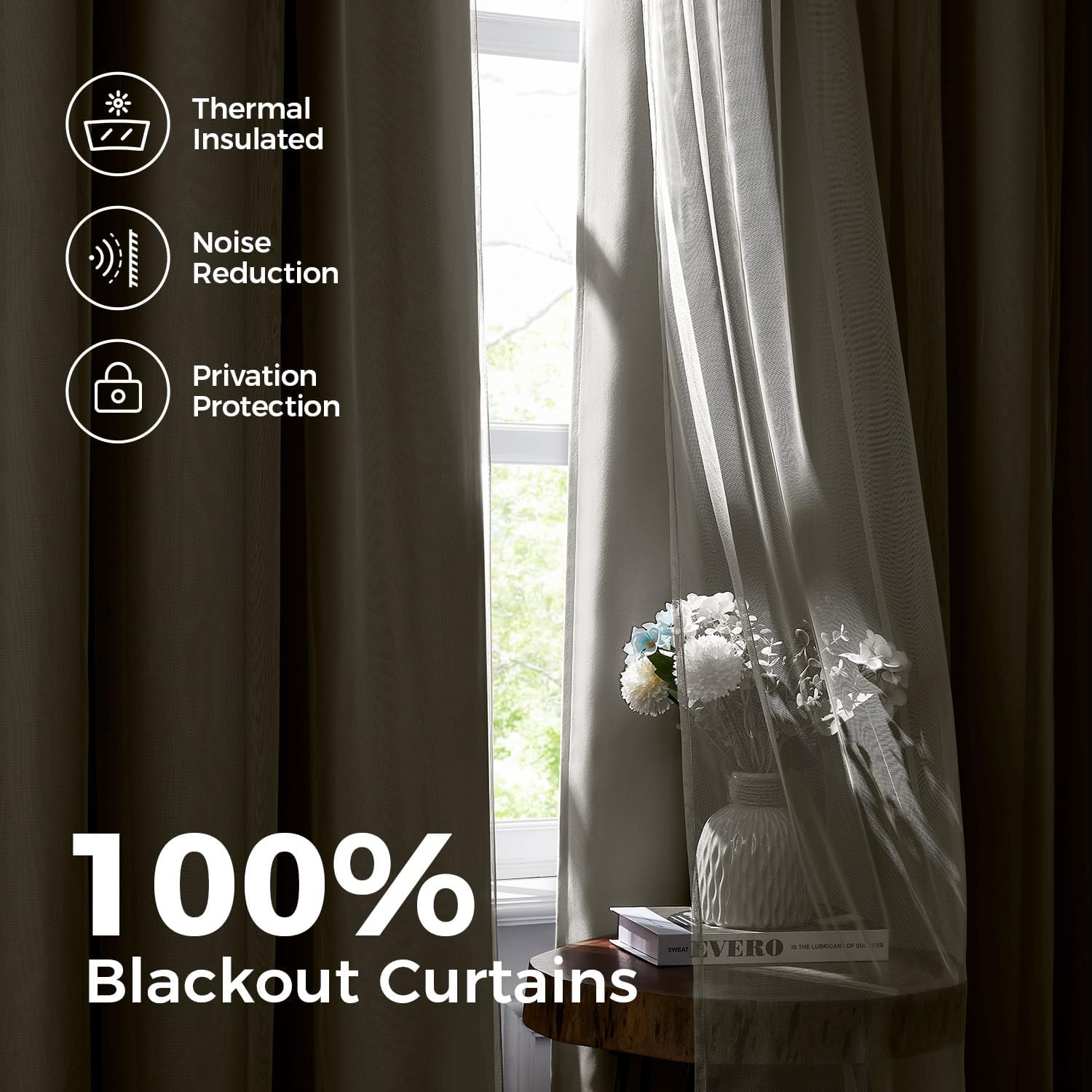 100% Blackout Curtains for Bedroom, Double Layer Ivory Curtains, Black Out Curtain 96 inch Long with Sheer Overlay for Living Room, Room Darkening Window Drapes with Grommet, 52" W x 96" L
