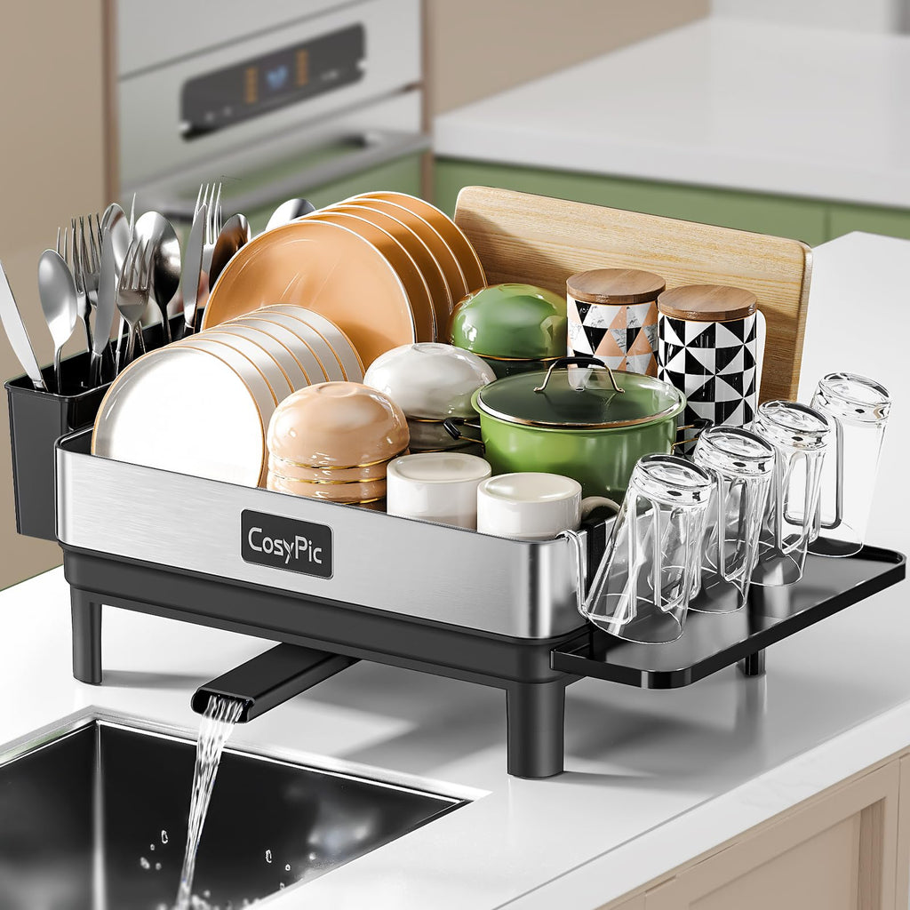 2 Tier Dish Drying Rack, Thicker Premium 304 Stainless Steel Dish Racks for Kitchen Counter, Automatic Drainage Spout, Dish Drainer & Drainboard Set with Utensil Holder and Cup Holder, Black