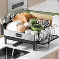 2 Tier Dish Drying Rack, Thicker Premium 304 Stainless Steel Dish Racks for Kitchen Counter, Automatic Drainage Spout, Dish Drainer & Drainboard Set with Utensil Holder and Cup Holder, Black