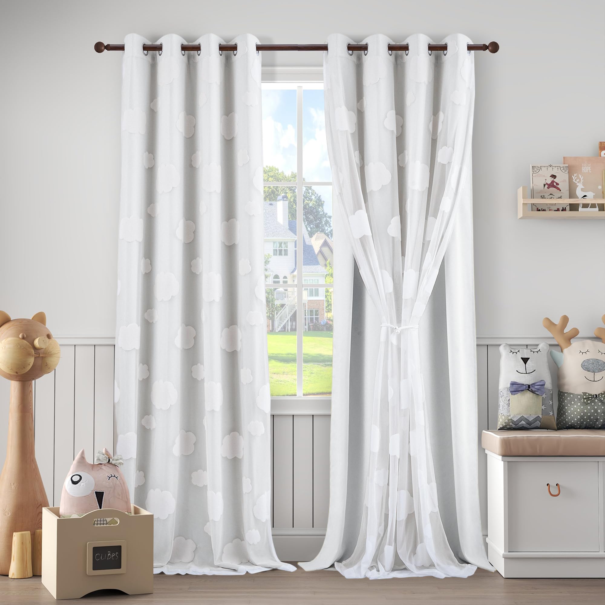 Beige Light Blocking Curtains with Sheer Overlay for Living Room Mix and Match Double Layer Window Panels 95 Inch for Bedroom Grommet Top, W52 X L95