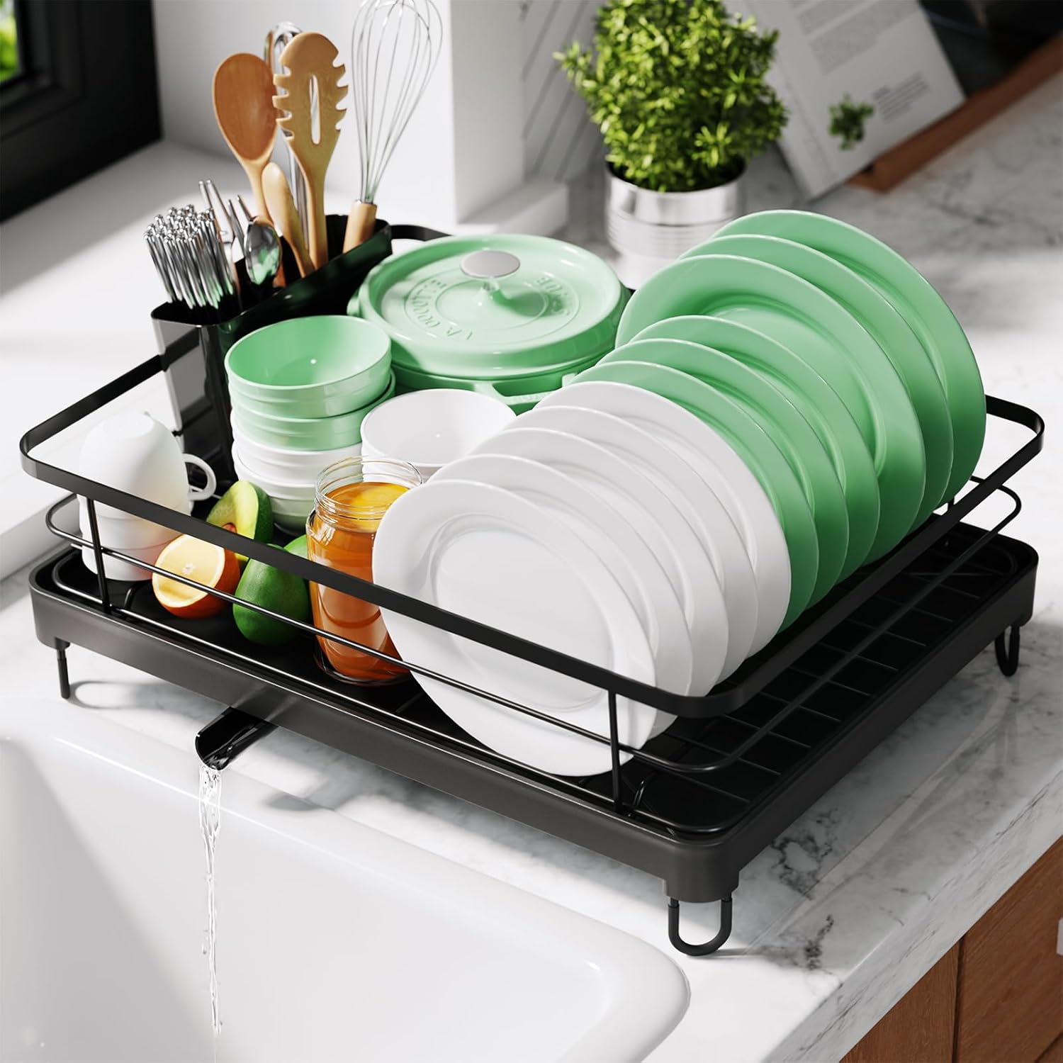 Kitsure Dish Drying Rack for Kitchen Counter, Stainless Steel Sink Organization and Storage Essentials with Cutlery Holder, Home and Appartment Decor, 12''W x 15.5''L, 2 Tiers, Black
