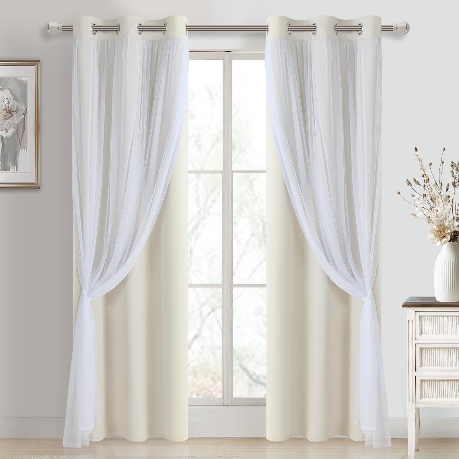 DWCN White Blackout Curtains with Sheer Overlay Thermal Insulated Mix & Match Double Layer Window Panels for Bedroom Living Room Drape Sewn with Tiebacks Grommet Top 52" Wx84 Lx2