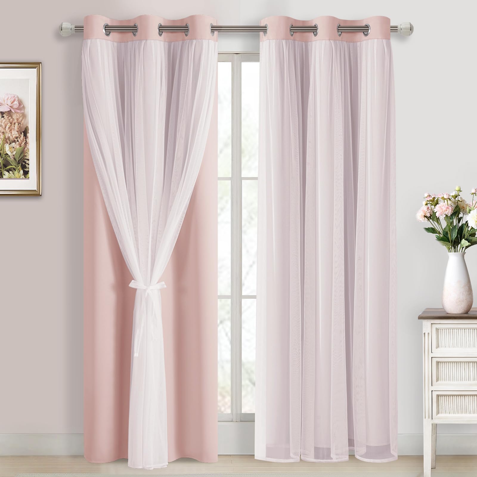 DWCN White Blackout Curtains with Sheer Overlay Thermal Insulated Mix & Match Double Layer Window Panels for Bedroom Living Room Drape Sewn with Tiebacks Grommet Top 52" Wx84 Lx2