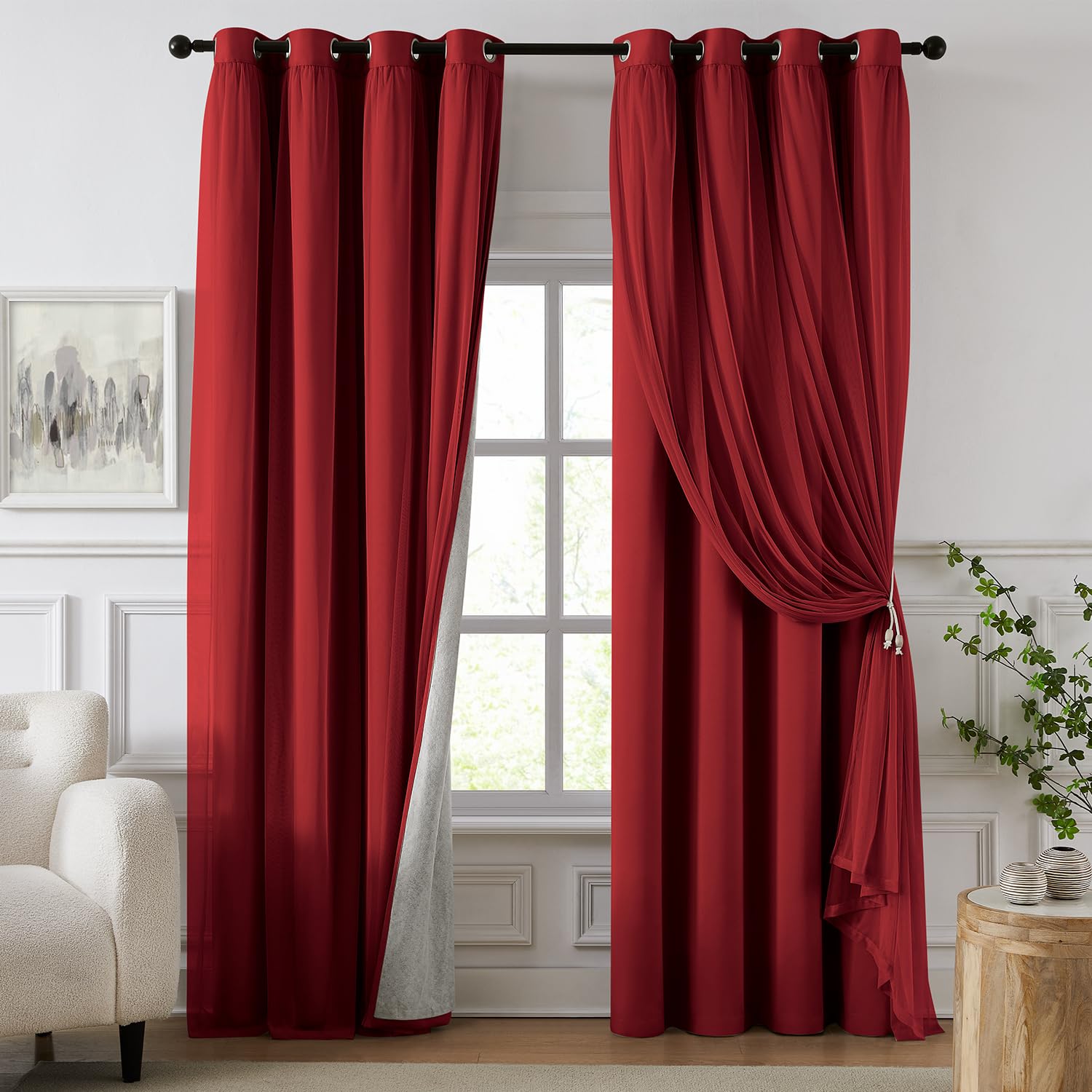 100% Blackout Curtains for Bedroom, Double Layer Ivory Curtains, Black Out Curtain 96 inch Long with Sheer Overlay for Living Room, Room Darkening Window Drapes with Grommet, 52" W x 96" L