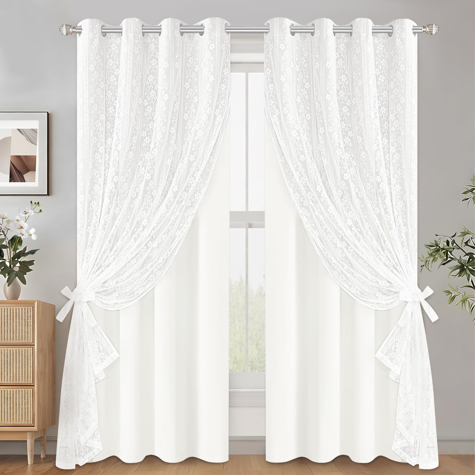ASPMIZ Linen Curtains for Bedroom, Double Layered Boho Curtain for Living Room Farmhouse Curtain 84 Inch Length 2 Panels Set, Rustic Curtains & Drapes Rod Pocket with Tiebacks, 52 x 84 Inch, Beige