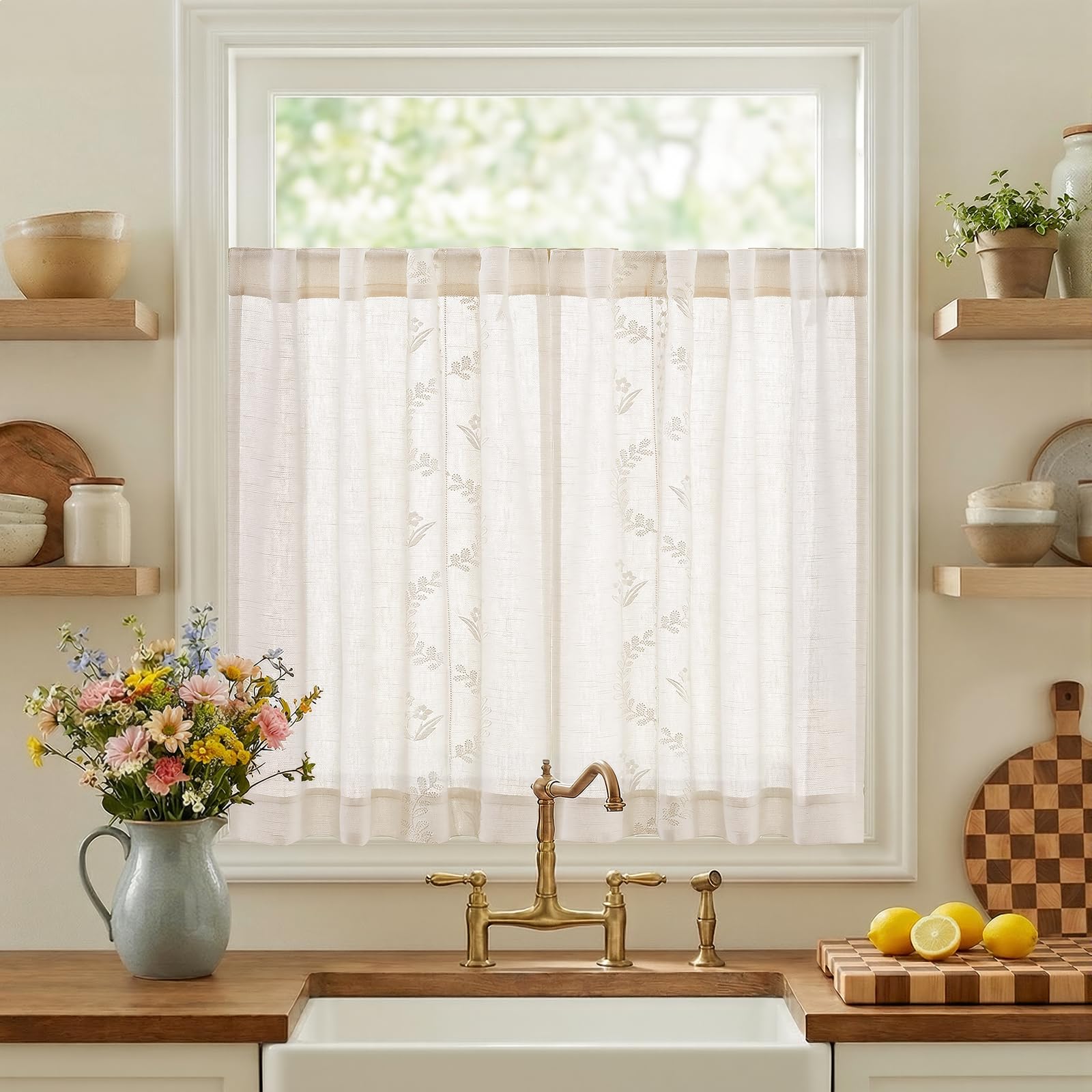 jinchan Belrose Linen Curtains for Bedroom Floral Curtains 84 Inch Length Linen Blend Ivory Embroidered Drapes Farmhouse Flower Patterned Drapes for Living Room Window Treatments Set 2 Panels