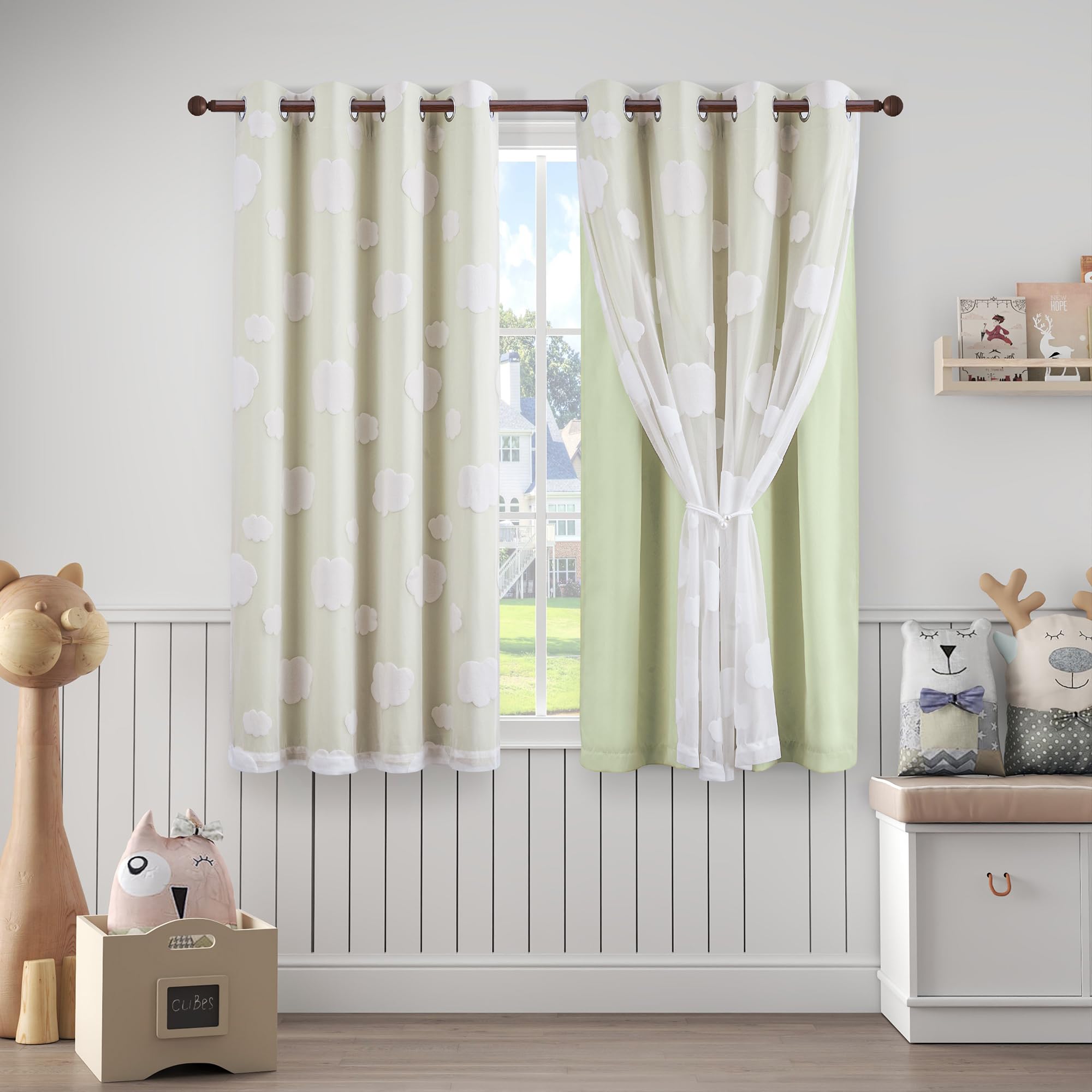 Beige Light Blocking Curtains with Sheer Overlay for Living Room Mix and Match Double Layer Window Panels 95 Inch for Bedroom Grommet Top, W52 X L95