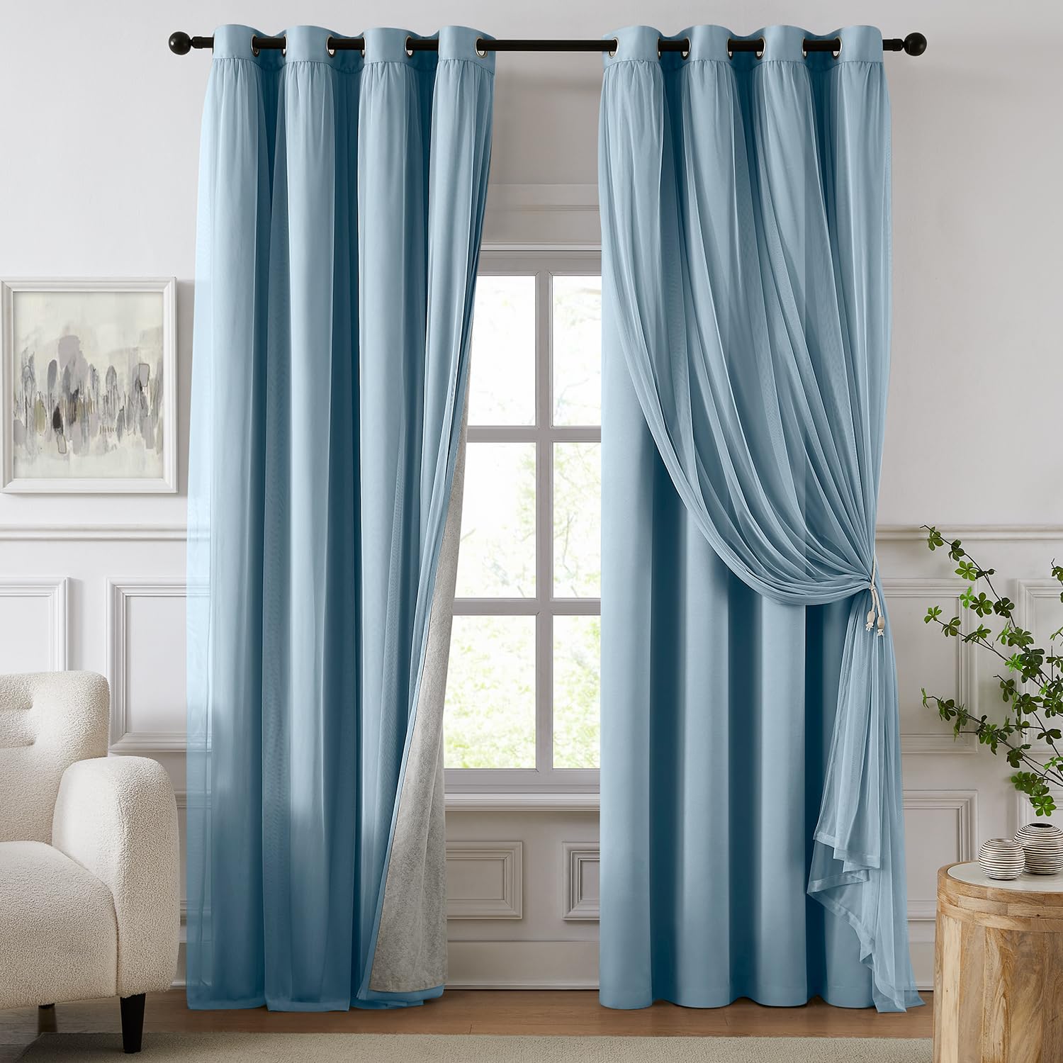 100% Blackout Curtains for Bedroom, Double Layer Ivory Curtains, Black Out Curtain 96 inch Long with Sheer Overlay for Living Room, Room Darkening Window Drapes with Grommet, 52" W x 96" L
