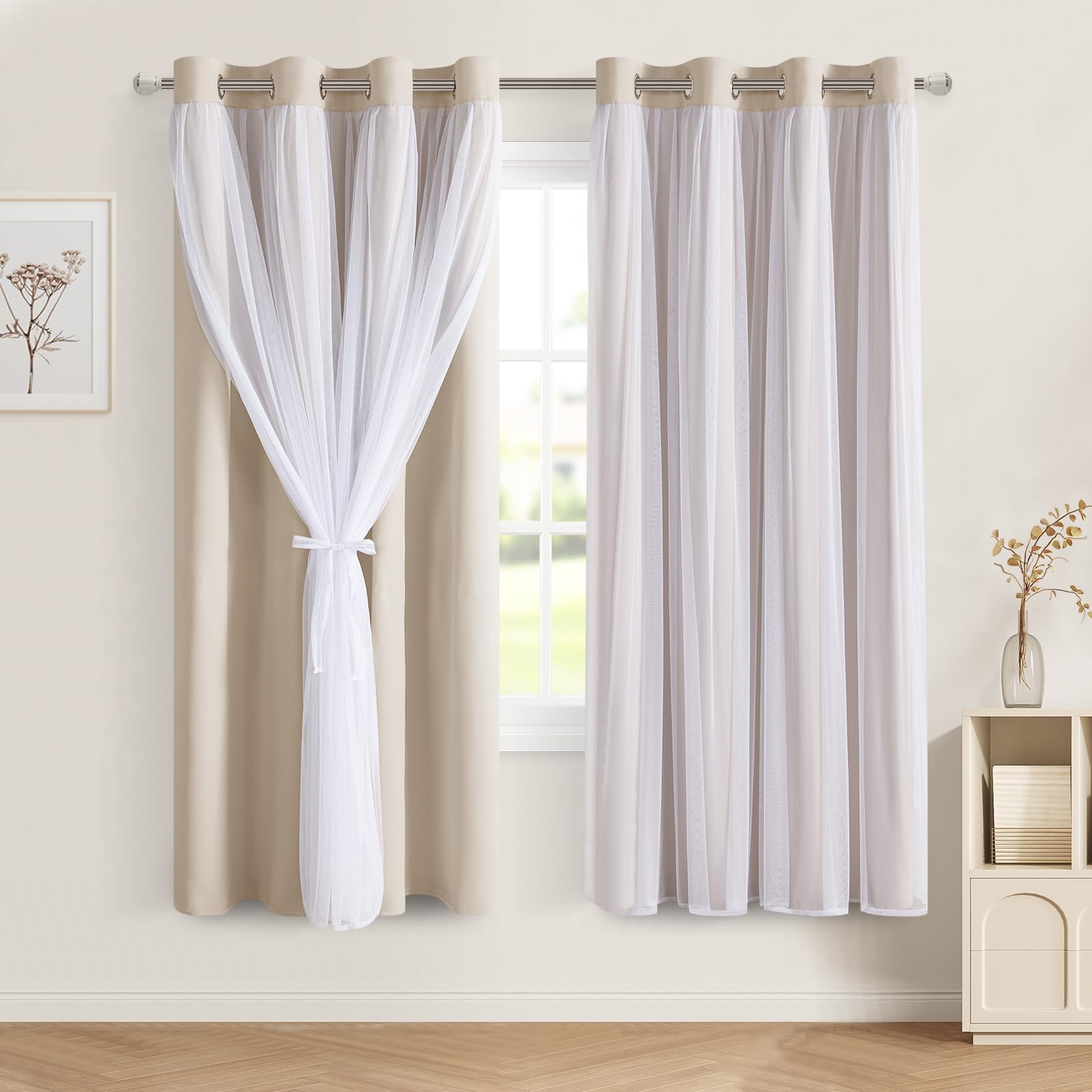 DWCN White Blackout Curtains with Sheer Overlay Thermal Insulated Mix & Match Double Layer Window Panels for Bedroom Living Room Drape Sewn with Tiebacks Grommet Top 52" Wx84 Lx2