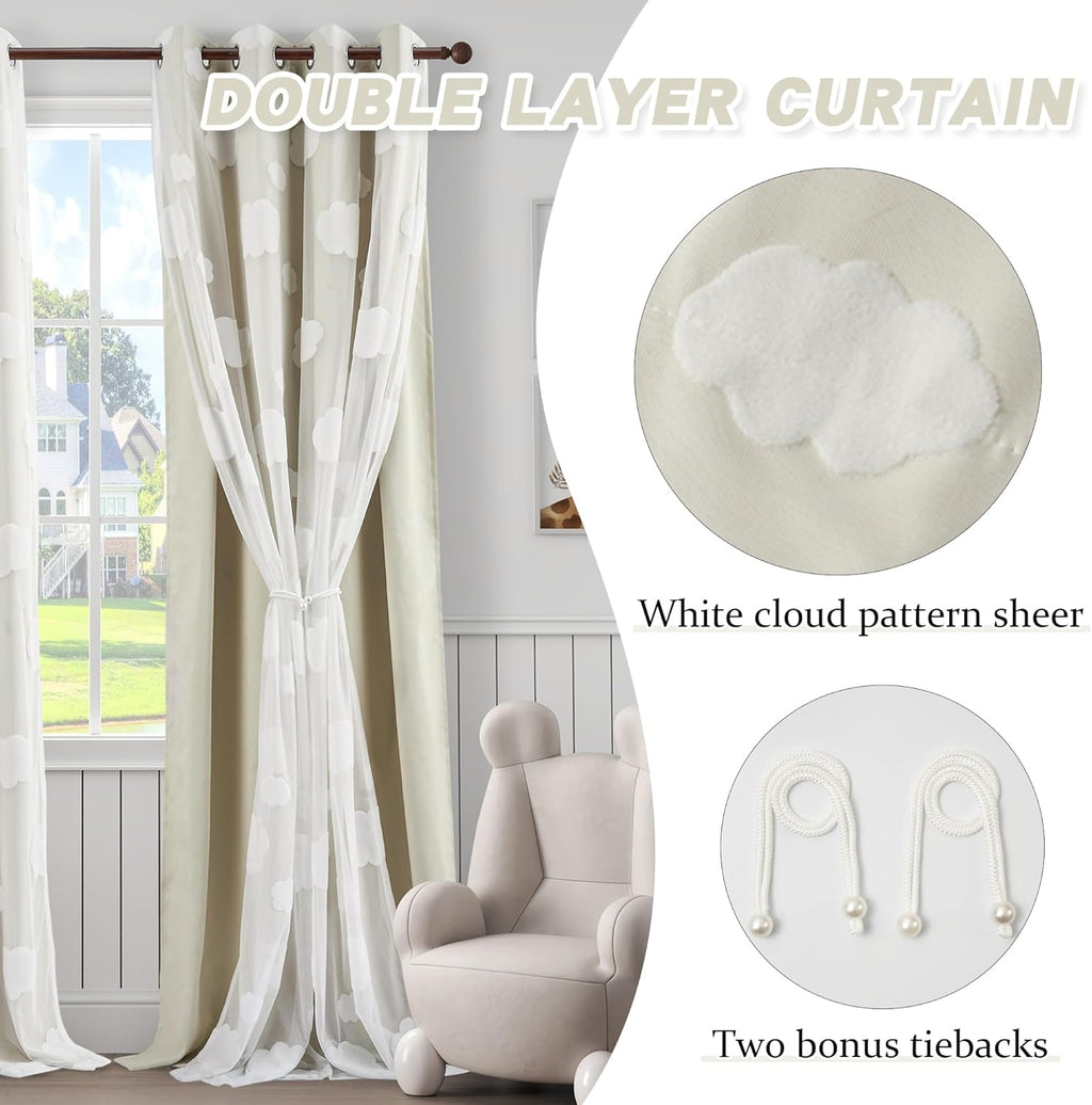 Beige Light Blocking Curtains with Sheer Overlay for Living Room Mix and Match Double Layer Window Panels 95 Inch for Bedroom Grommet Top, W52 X L95