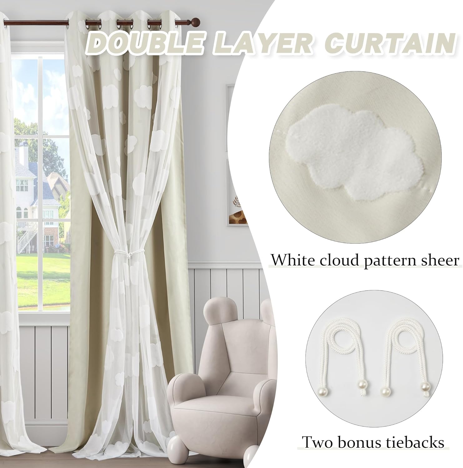 Beige Light Blocking Curtains with Sheer Overlay for Living Room Mix and Match Double Layer Window Panels 95 Inch for Bedroom Grommet Top, W52 X L95