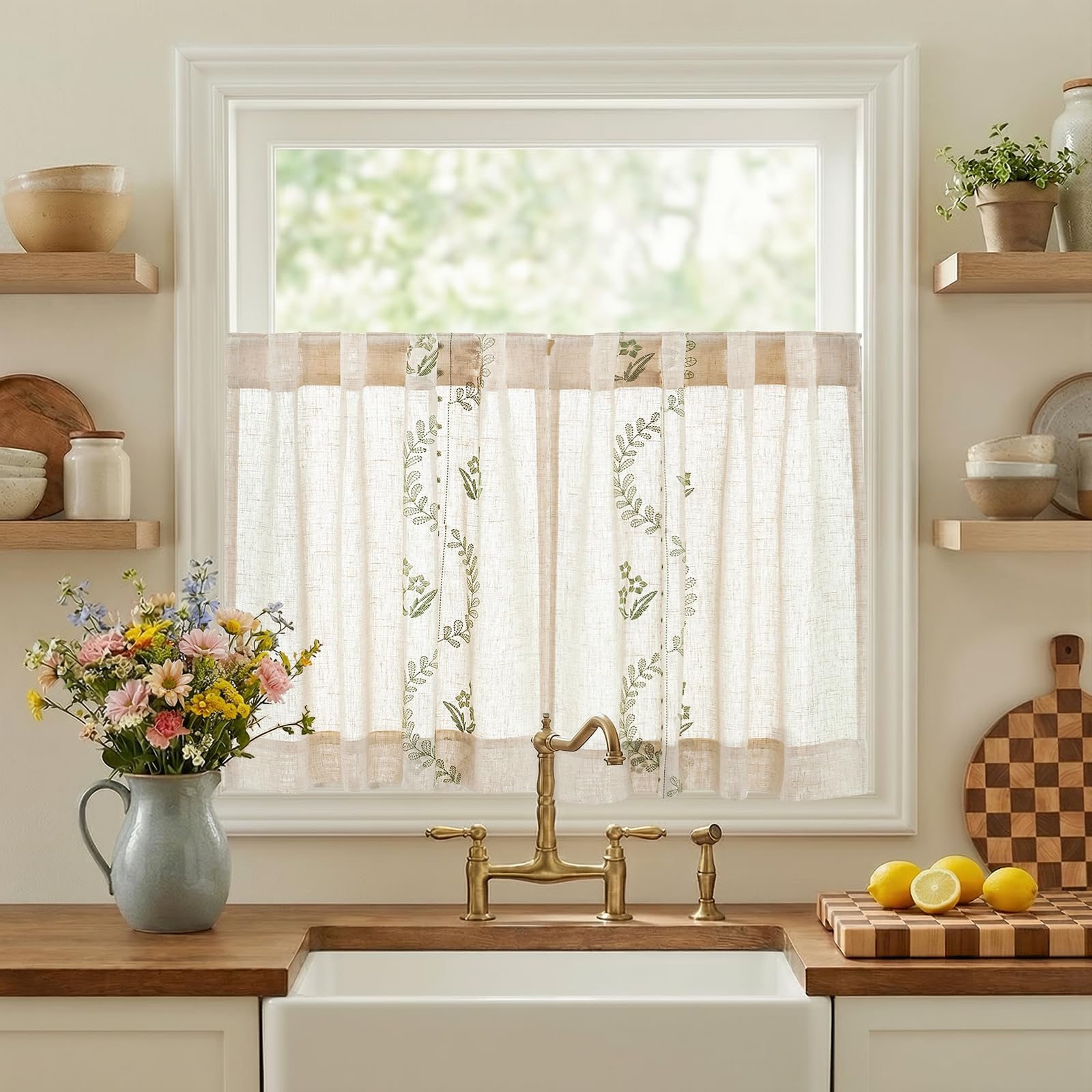 jinchan Belrose Linen Curtains for Bedroom Floral Curtains 84 Inch Length Linen Blend Ivory Embroidered Drapes Farmhouse Flower Patterned Drapes for Living Room Window Treatments Set 2 Panels