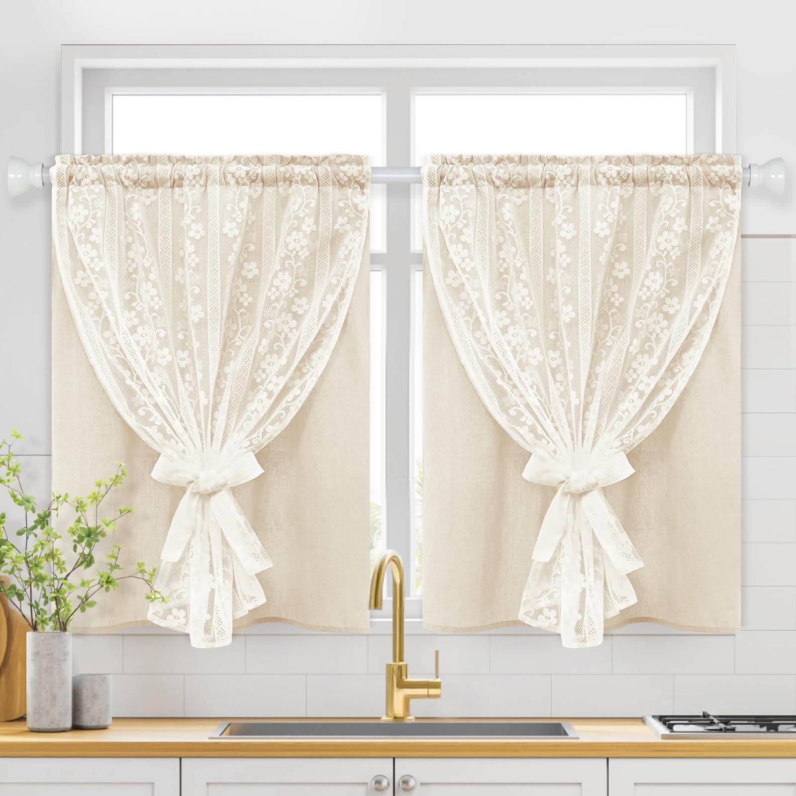 ASPMIZ Linen Curtains for Bedroom, Double Layered Boho Curtain for Living Room Farmhouse Curtain 84 Inch Length 2 Panels Set, Rustic Curtains & Drapes Rod Pocket with Tiebacks, 52 x 84 Inch, Beige