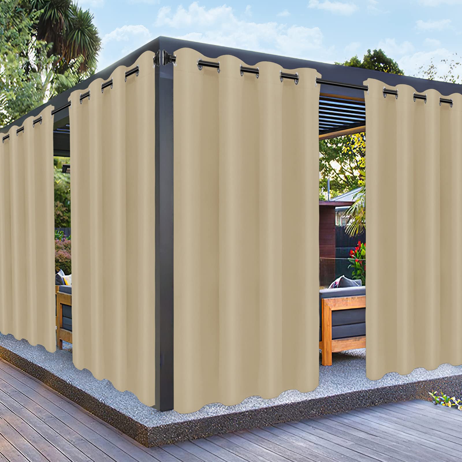 PureFit Outdoor Curtains for Patio Waterproof Weatherproof, UV Resistant Outside Curtains for Gazebo, Front Porch, Pergola, Sun Blocking Privacy Curtain, 52W x 95L inch, Set of 2, Beige