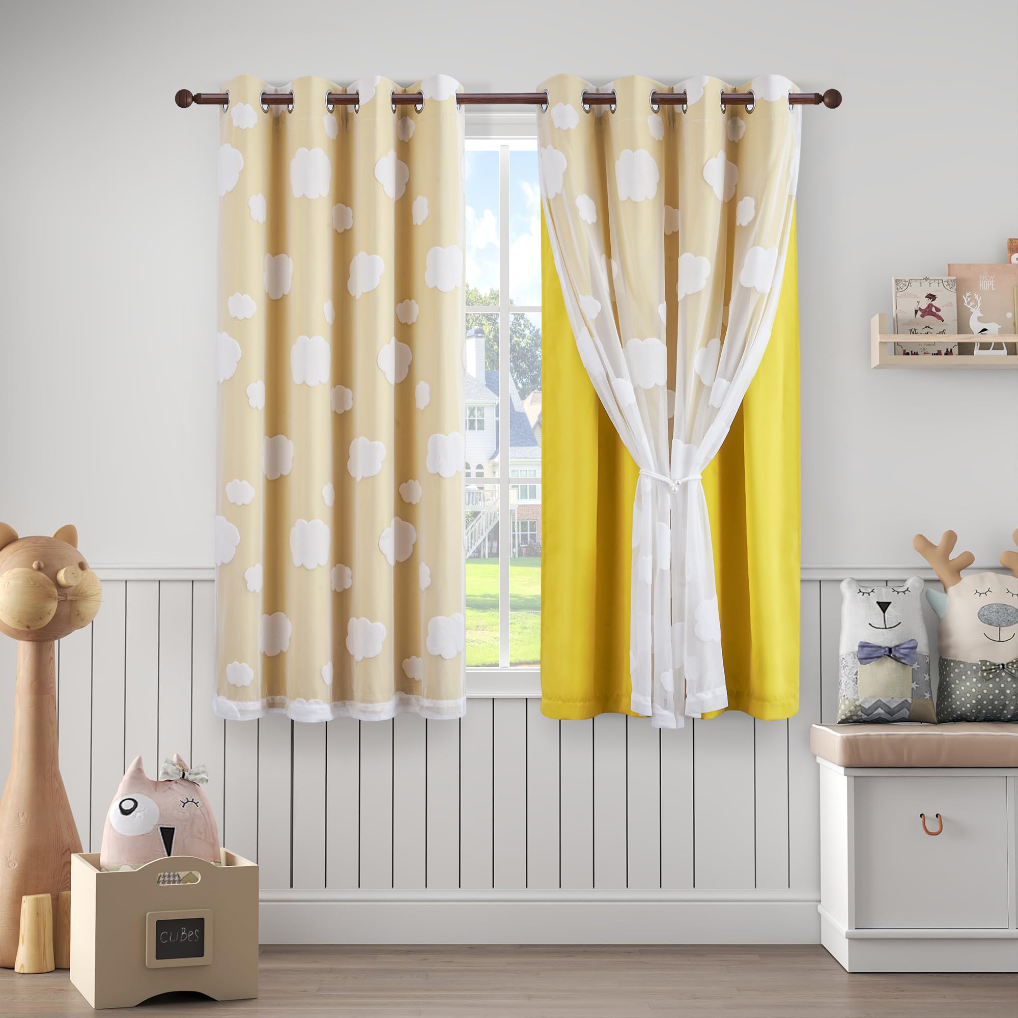 Beige Light Blocking Curtains with Sheer Overlay for Living Room Mix and Match Double Layer Window Panels 95 Inch for Bedroom Grommet Top, W52 X L95