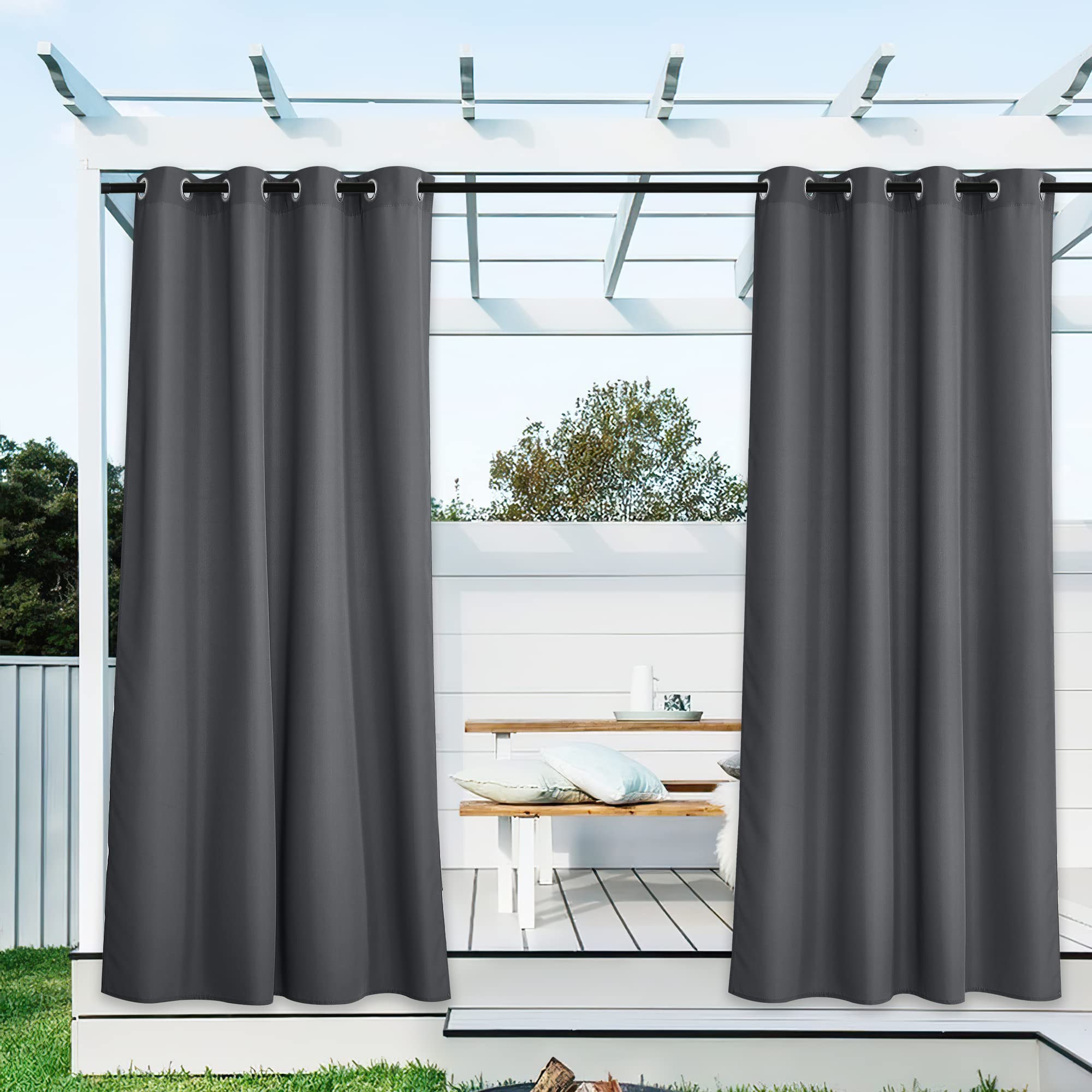 NICETOWN Fade Resistant Outdoor Curtains for Patio 84 inch Long, Grade 4 Color Fastness Fade-Proof Waterproof Outside Curtains, Thermal UV Protection Sun Shades for Porch, W52 x L84, 2 Panels, Grey