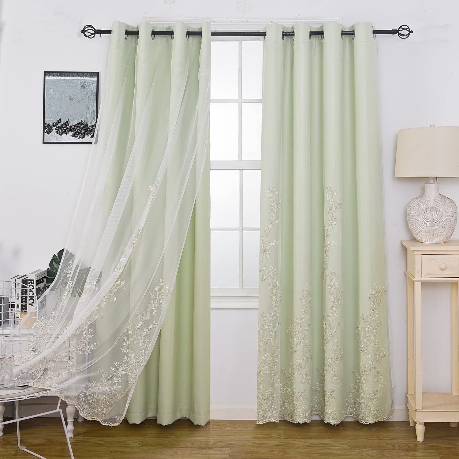 GYROHOME Double Layered Curtains with Embroidered White Sheer Tulle, Mix and Match Curtains Room Darkening Grommet Top Thermal Insulated Drapes,2Panels,52x84inch,Beige