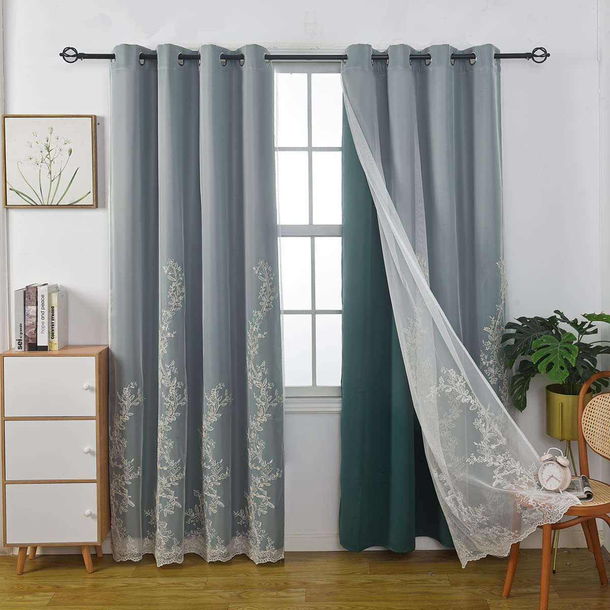 GYROHOME Double Layered Curtains with Embroidered White Sheer Tulle, Mix and Match Curtains Room Darkening Grommet Top Thermal Insulated Drapes,2Panels,52x84inch,Beige