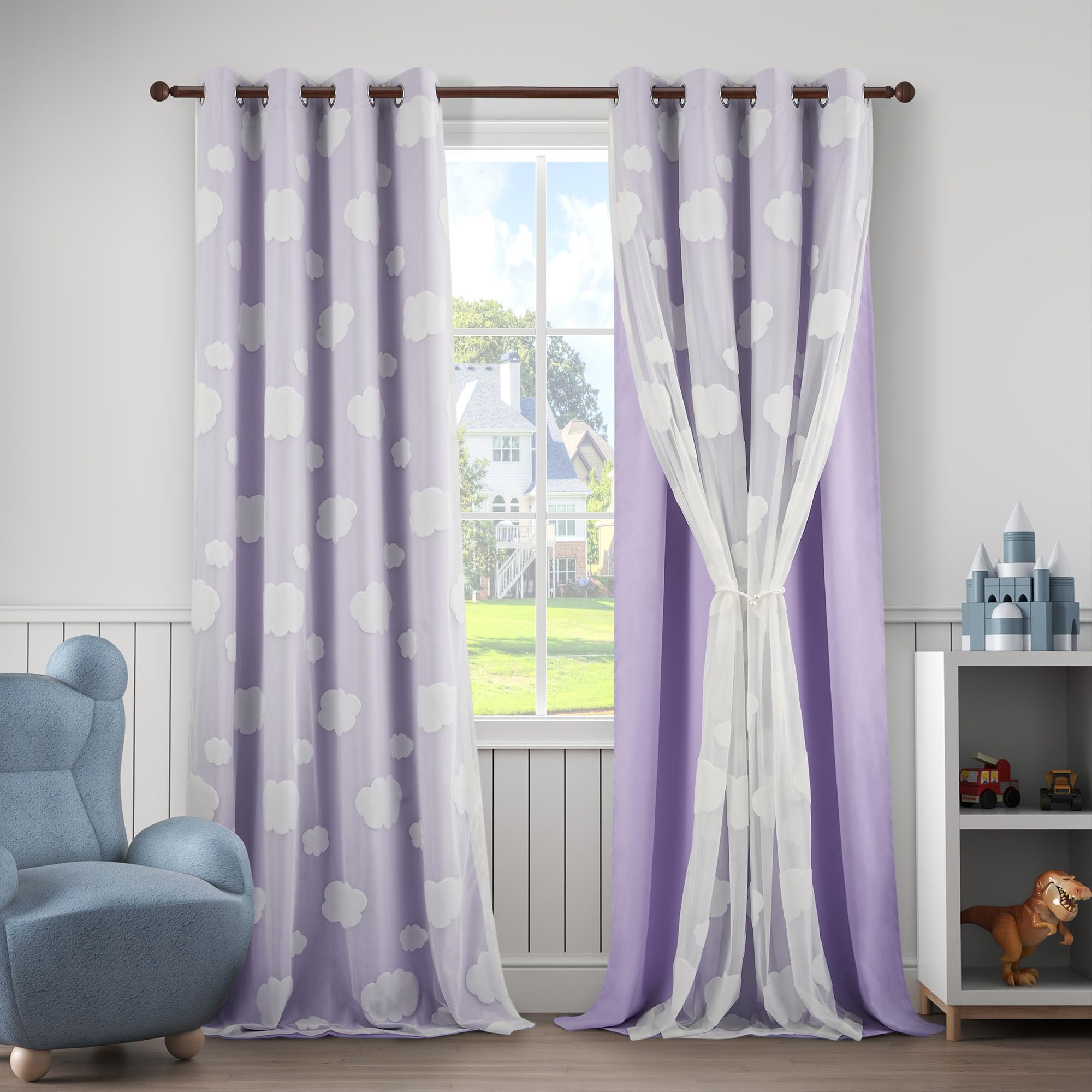 Beige Light Blocking Curtains with Sheer Overlay for Living Room Mix and Match Double Layer Window Panels 95 Inch for Bedroom Grommet Top, W52 X L95