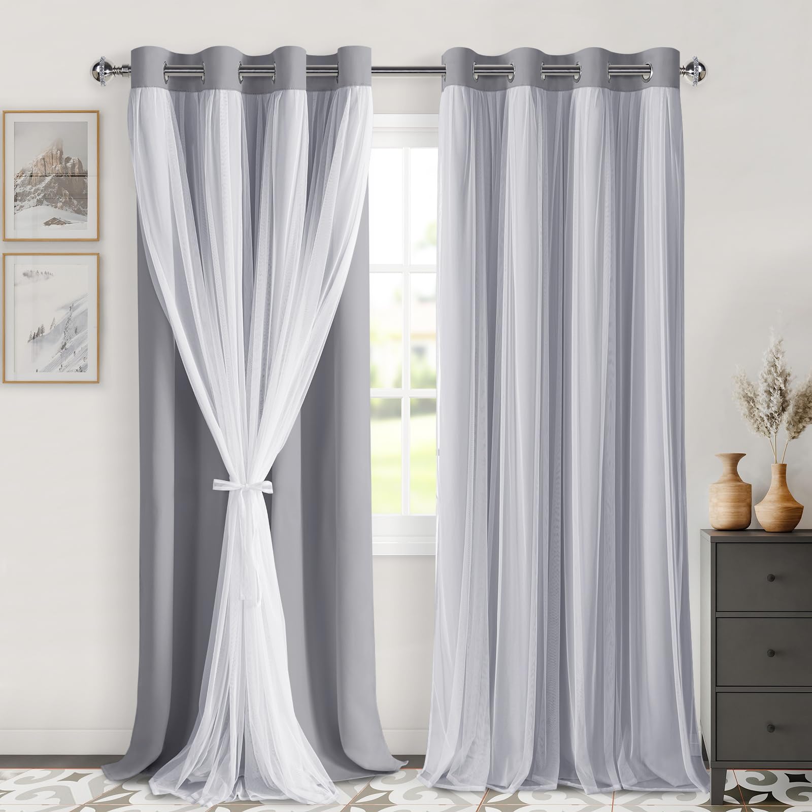 DWCN White Blackout Curtains with Sheer Overlay Thermal Insulated Mix & Match Double Layer Window Panels for Bedroom Living Room Drape Sewn with Tiebacks Grommet Top 52" Wx84 Lx2