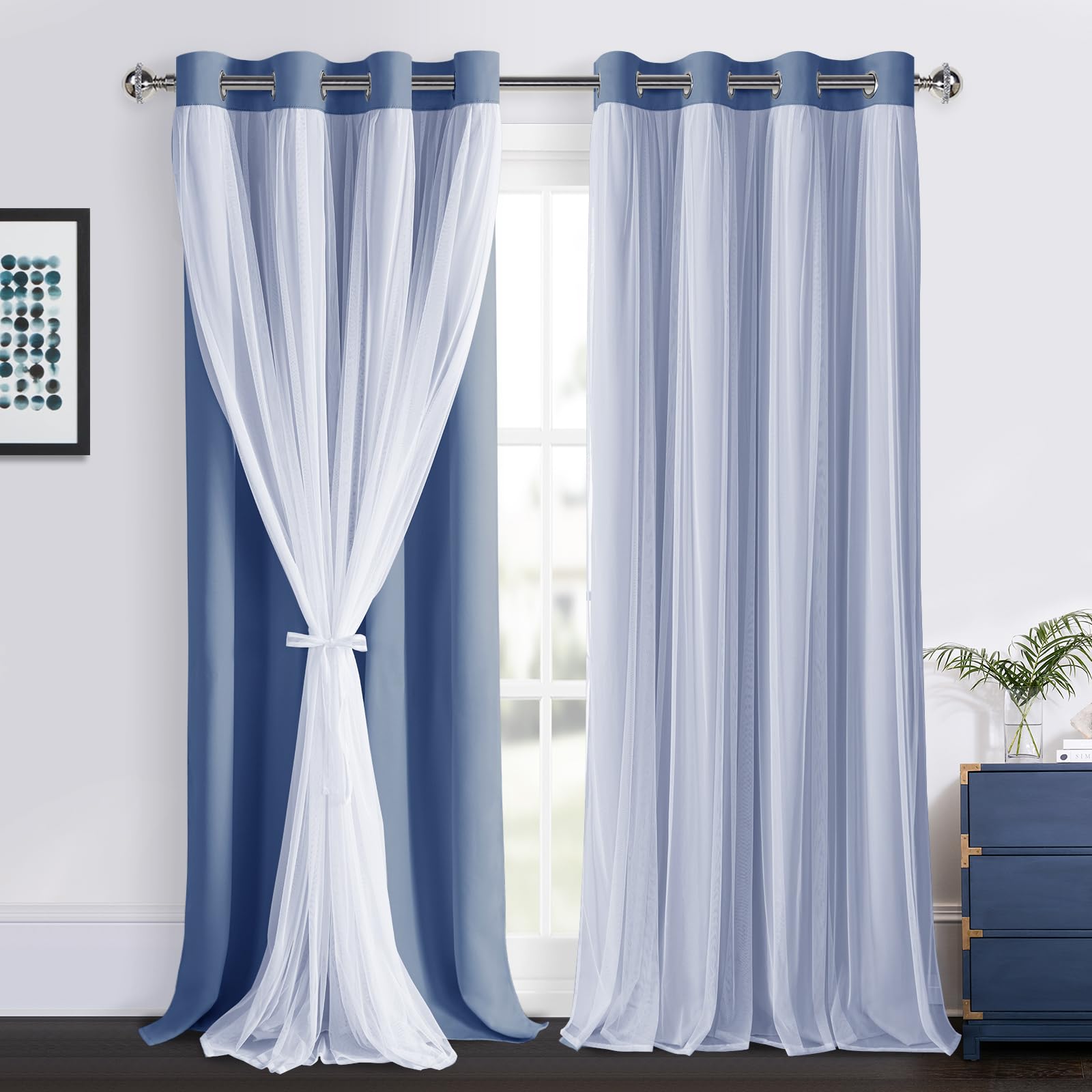 DWCN White Blackout Curtains with Sheer Overlay Thermal Insulated Mix & Match Double Layer Window Panels for Bedroom Living Room Drape Sewn with Tiebacks Grommet Top 52" Wx84 Lx2