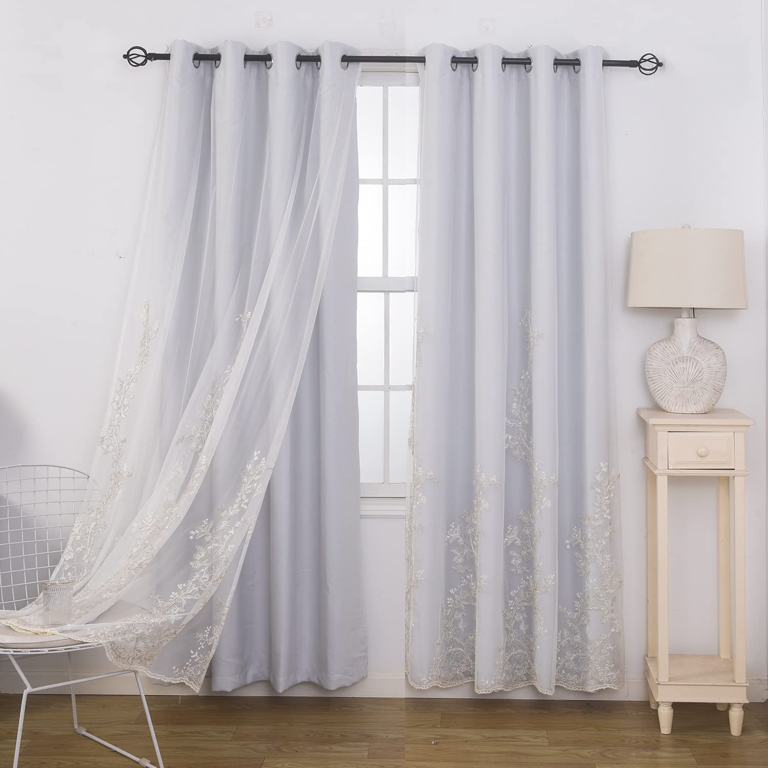 GYROHOME Double Layered Curtains with Embroidered White Sheer Tulle, Mix and Match Curtains Room Darkening Grommet Top Thermal Insulated Drapes,2Panels,52x84inch,Beige