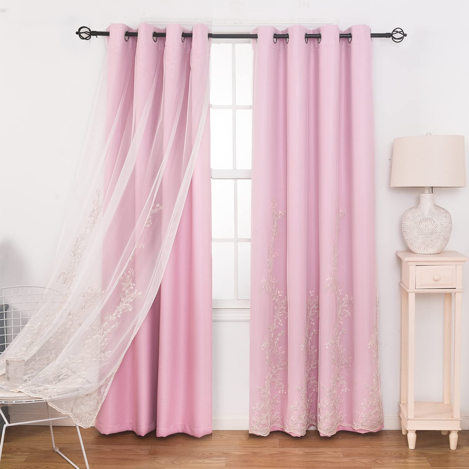 GYROHOME Double Layered Curtains with Embroidered White Sheer Tulle, Mix and Match Curtains Room Darkening Grommet Top Thermal Insulated Drapes,2Panels,52x84inch,Beige