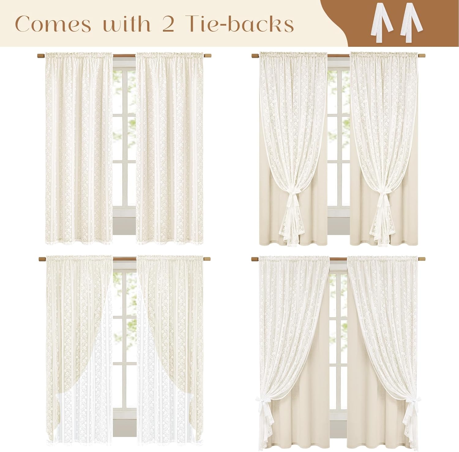 ASPMIZ Linen Curtains for Bedroom, Double Layered Boho Curtain for Living Room Farmhouse Curtain 84 Inch Length 2 Panels Set, Rustic Curtains & Drapes Rod Pocket with Tiebacks, 52 x 84 Inch, Beige