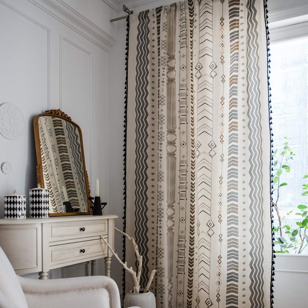 ColorBird Boho Curtains 2 Panels Aztec Western Semi-Blackout Patterned Rod Pocket Window Treatment Decorative Drapes with Black Tassels for Living Bedroom Closet 63 inch Length
