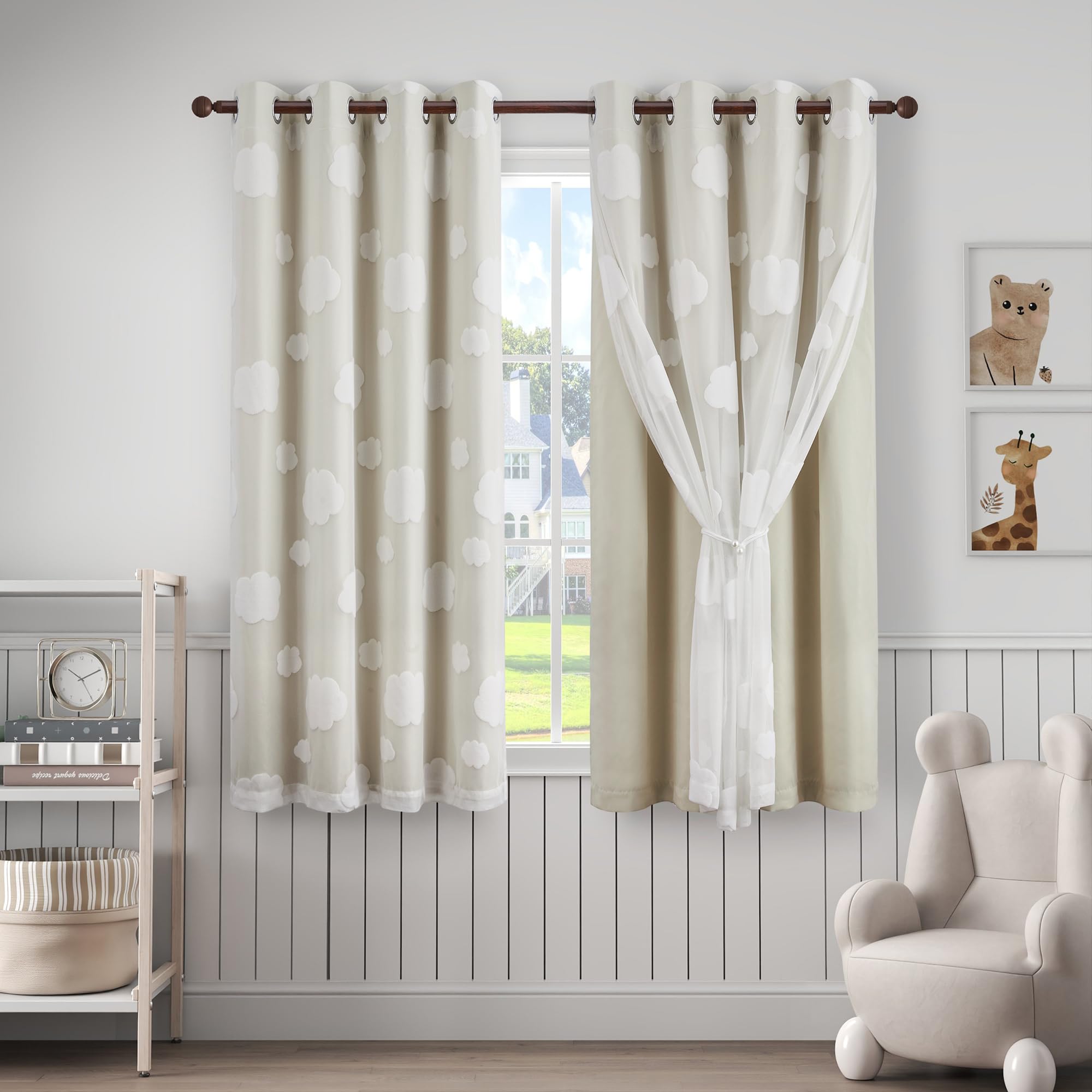 Beige Light Blocking Curtains with Sheer Overlay for Living Room Mix and Match Double Layer Window Panels 95 Inch for Bedroom Grommet Top, W52 X L95