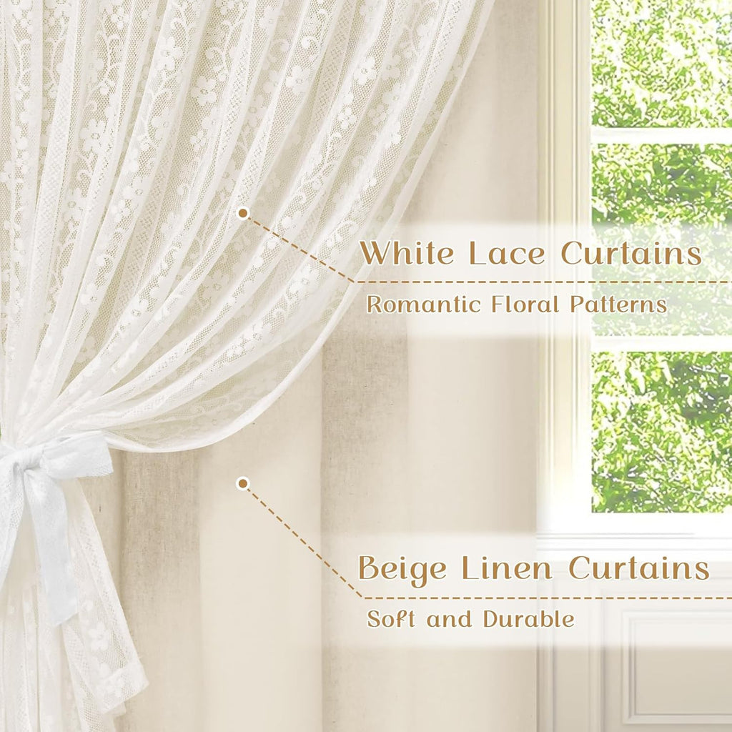 ASPMIZ Linen Curtains for Bedroom, Double Layered Boho Curtain for Living Room Farmhouse Curtain 84 Inch Length 2 Panels Set, Rustic Curtains & Drapes Rod Pocket with Tiebacks, 52 x 84 Inch, Beige