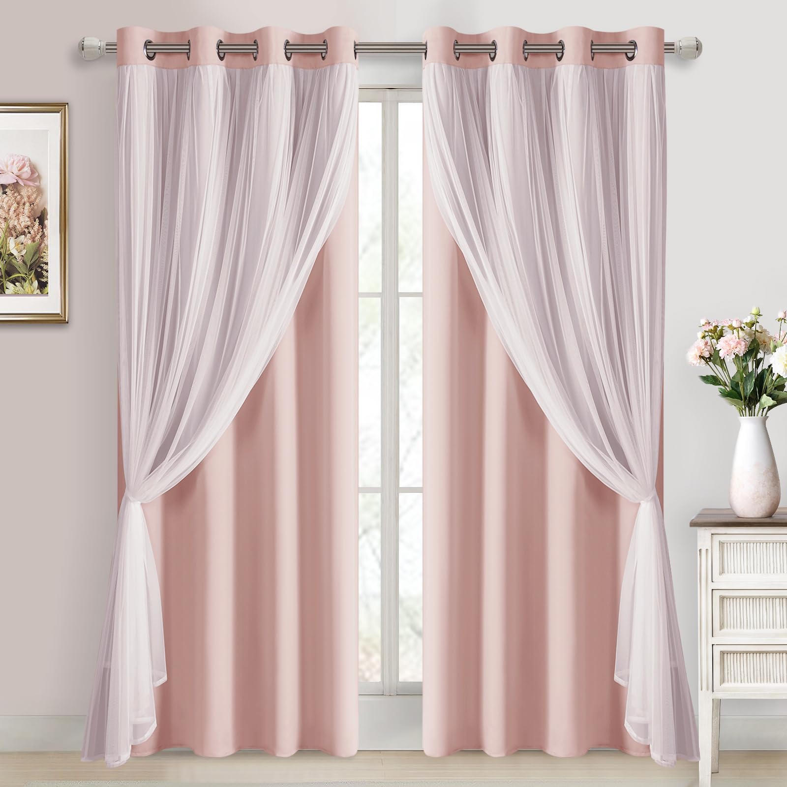 DWCN White Blackout Curtains with Sheer Overlay Thermal Insulated Mix & Match Double Layer Window Panels for Bedroom Living Room Drape Sewn with Tiebacks Grommet Top 52" Wx84 Lx2